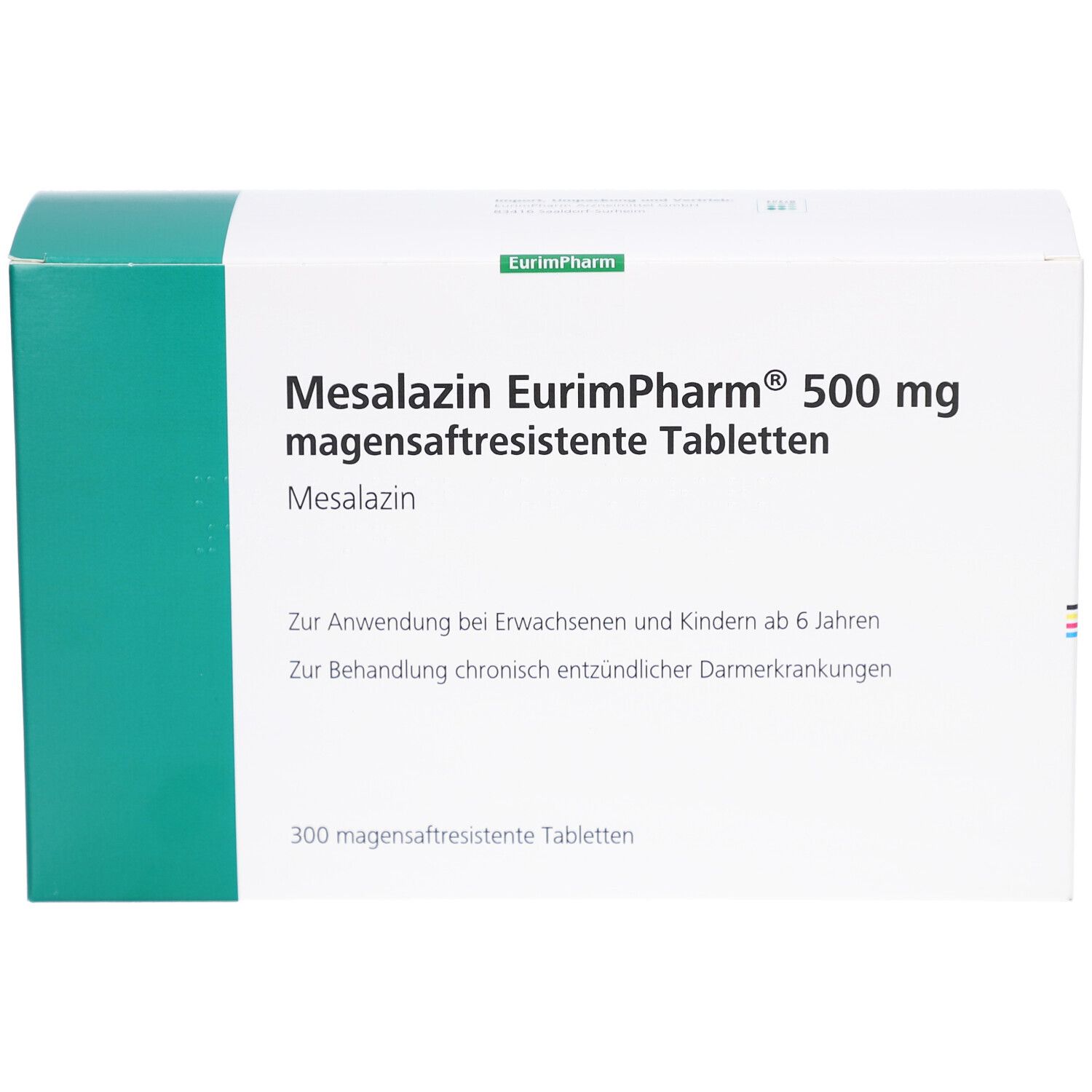 Weiße Schachtel mit grünen Akzenten. Aufschrift: Mesalazin EurimPharm 500 mg magensaftresistente Tabletten. 300 Tabletten.