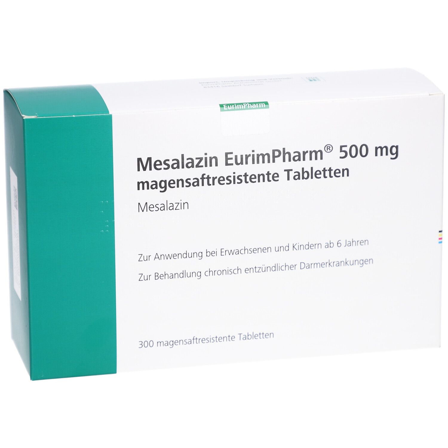 Weiße Schachtel mit grünen Akzenten. Aufschrift: Mesalazin EurimPharm 500 mg magensaftresistente Tabletten. 300 Tabletten.