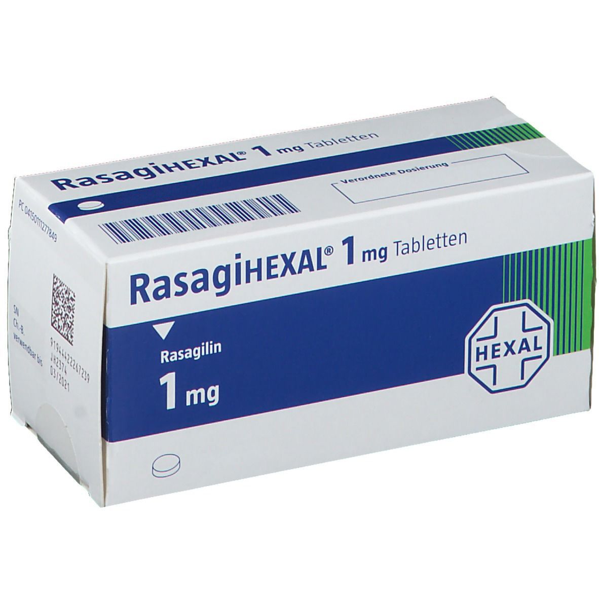 Schachtel mit RasagiHEXAL 1 mg Tabletten. Weiß, blau und grün. Aufschrift: Rasagilin 1 mg, HEXAL Logo.