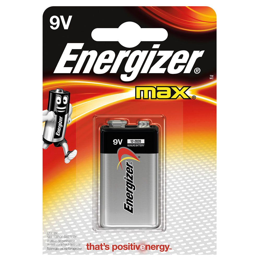 9V-Batterie in Blisterverpackung. Die Batterie ist silberfarben mit schwarzem Oberteil und dem Energizer-Logo. Auf der Verpackung steht "Energizer max".
