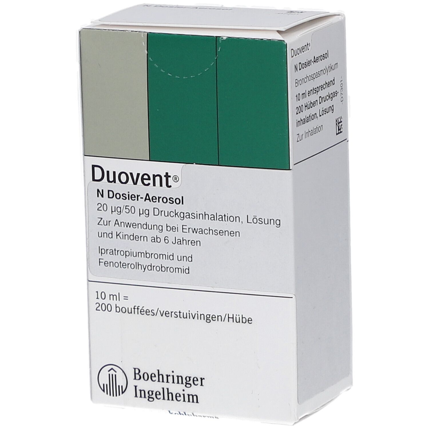 Weißer Karton mit grünem Streifen. Aufschrift: Duovent N Dosier-Aerosol. Enthält 10 ml Lösung. Logo Boehringer Ingelheim.