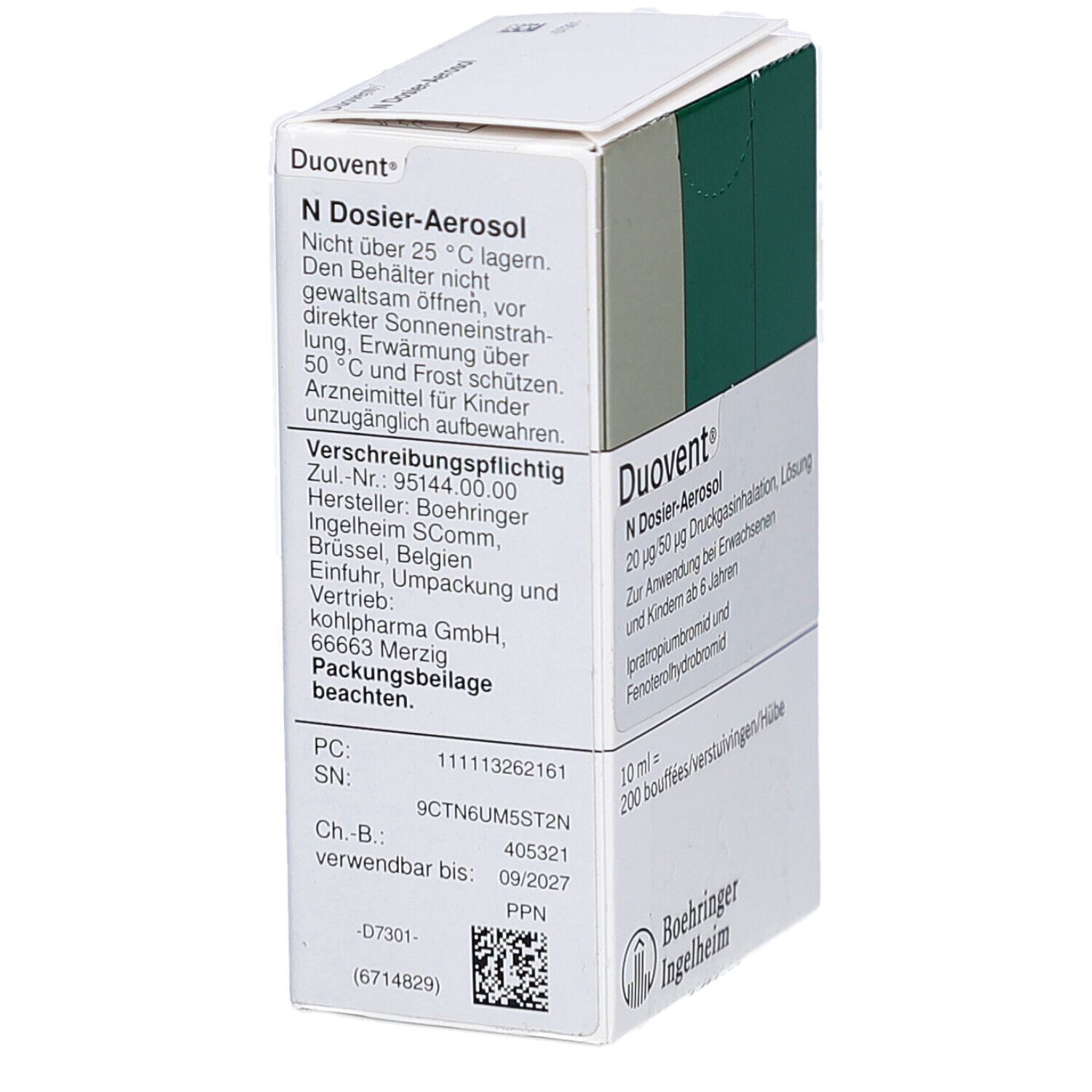 Karton mit Text. Aufschrift: Duovent N Dosier-Aerosol. Hersteller: Boehringer Ingelheim. Enthält Informationen zur Lagerung und Haltbarkeit.