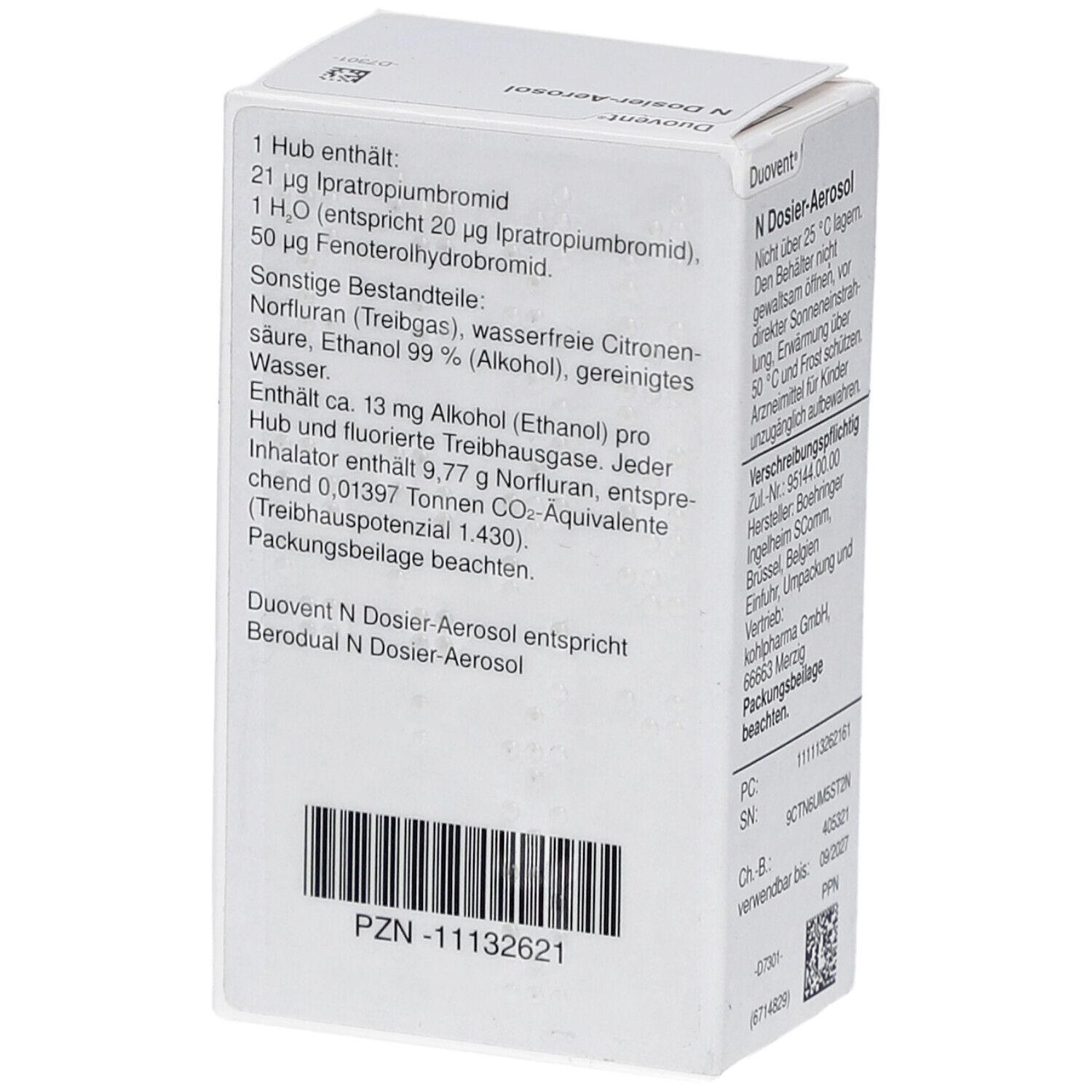 Karton mit Text. Aufschrift: Duovent N Dosier-Aerosol. Enthält Informationen zu Inhaltsstoffen und Zusammensetzung. PZN-11132621.