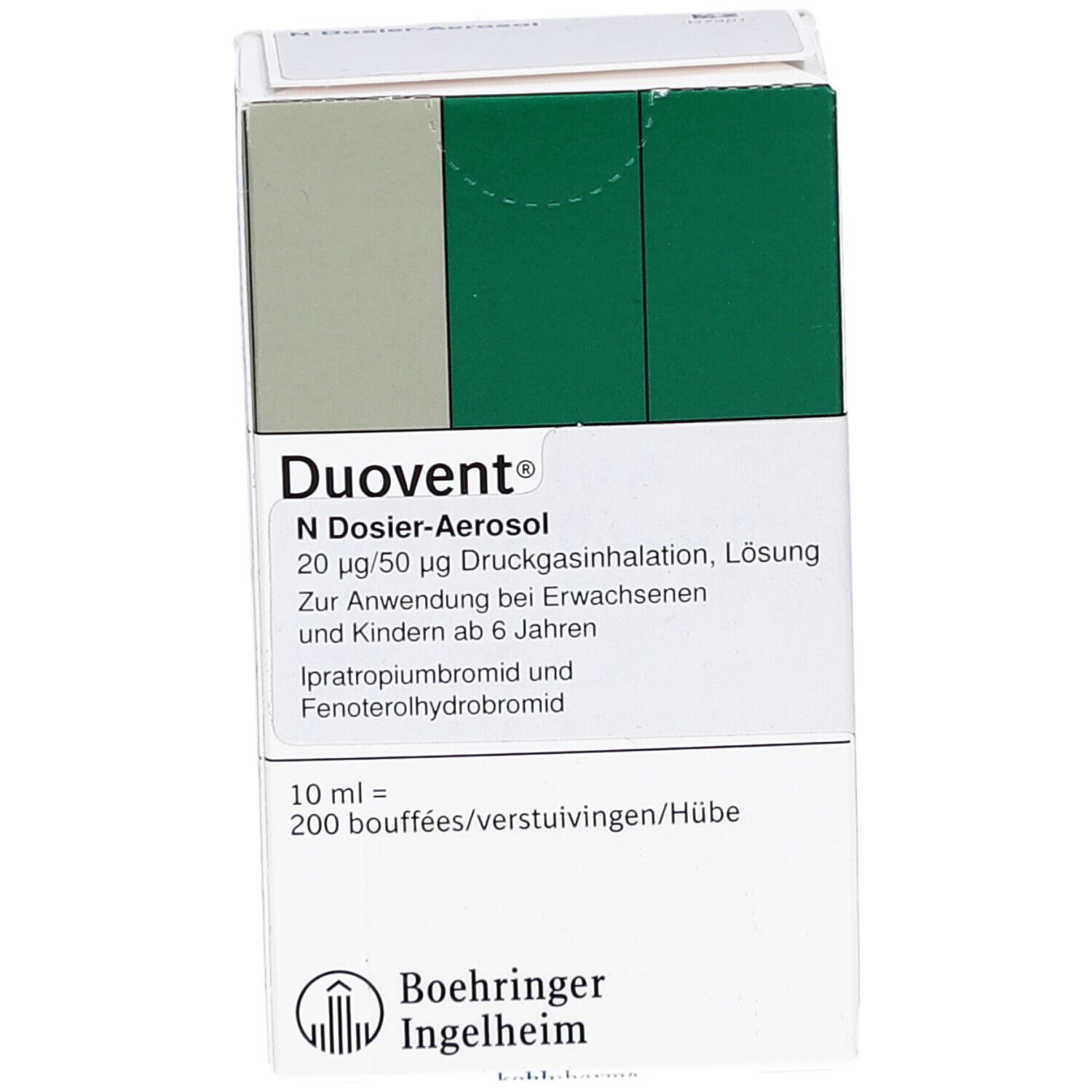 Weißer Karton mit grünem Streifen. Aufschrift: Duovent N Dosier-Aerosol. Enthält 10 ml Lösung. Logo Boehringer Ingelheim.