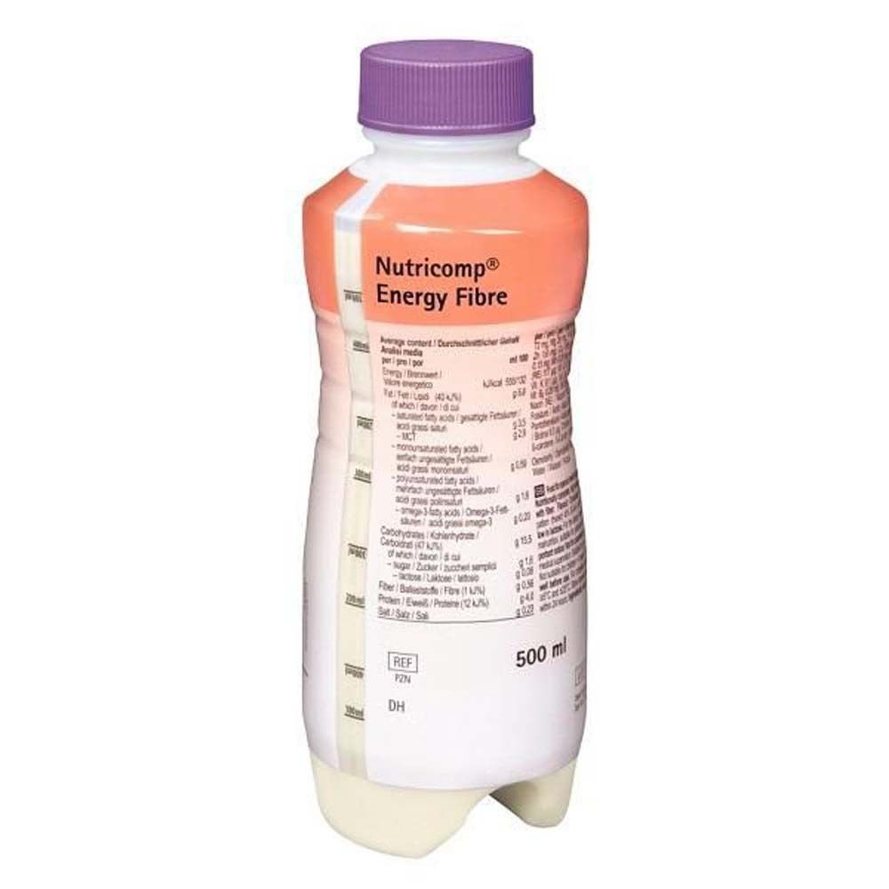 Flasche mit lila Verschluss. Aufschrift: Nutricomp Energy Fibre. Etikett mit Nährwertangaben. Volumen: 500 ml.