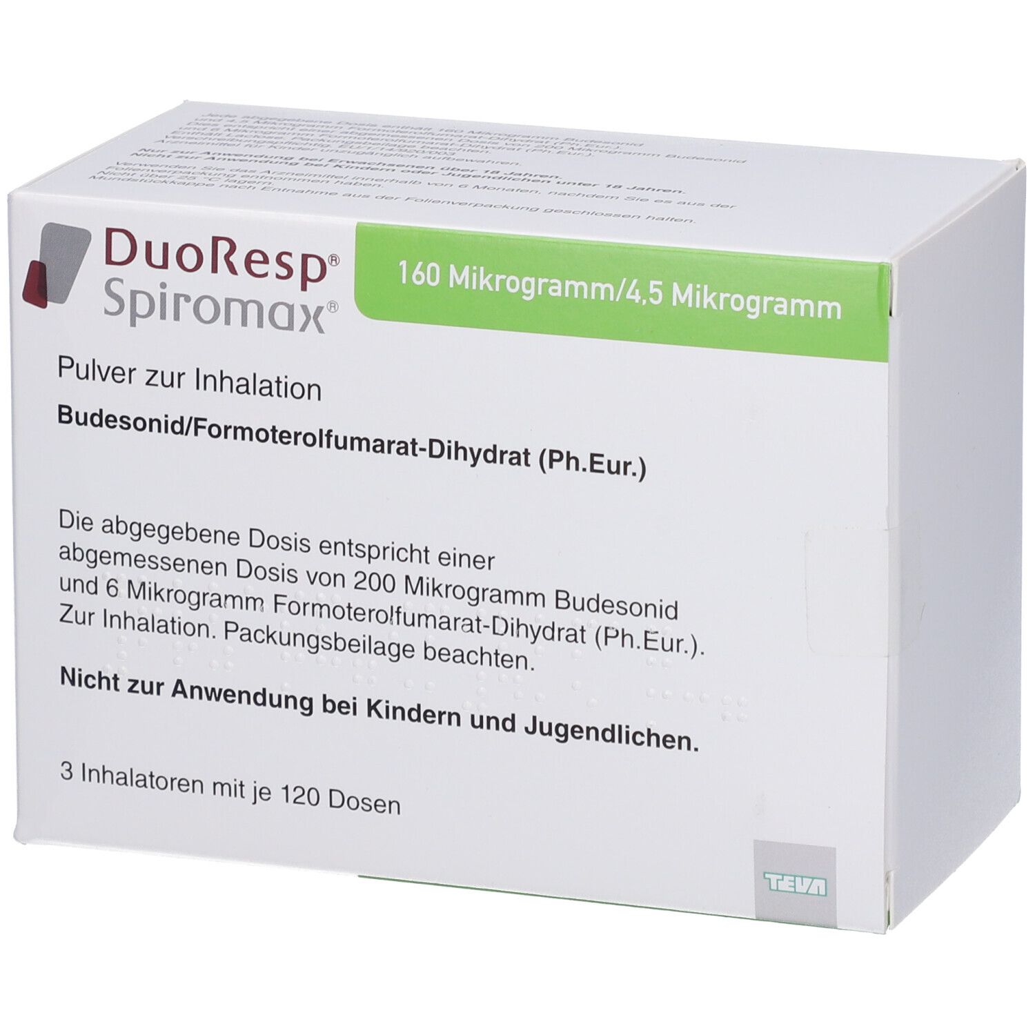 Weißer Karton mit grünen und roten Akzenten. Aufschrift: DuoResp Spiromax, 160 Mikrogramm/4,5 Mikrogramm. Text in Deutsch.