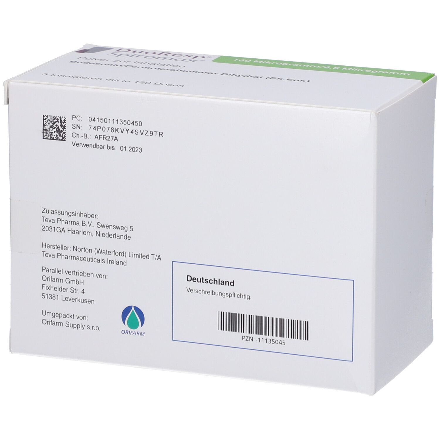 Rückseite eines weißen Kartons. Barcode, Herstellerinformationen, Chargennummer und Verfallsdatum. Text in Deutsch.