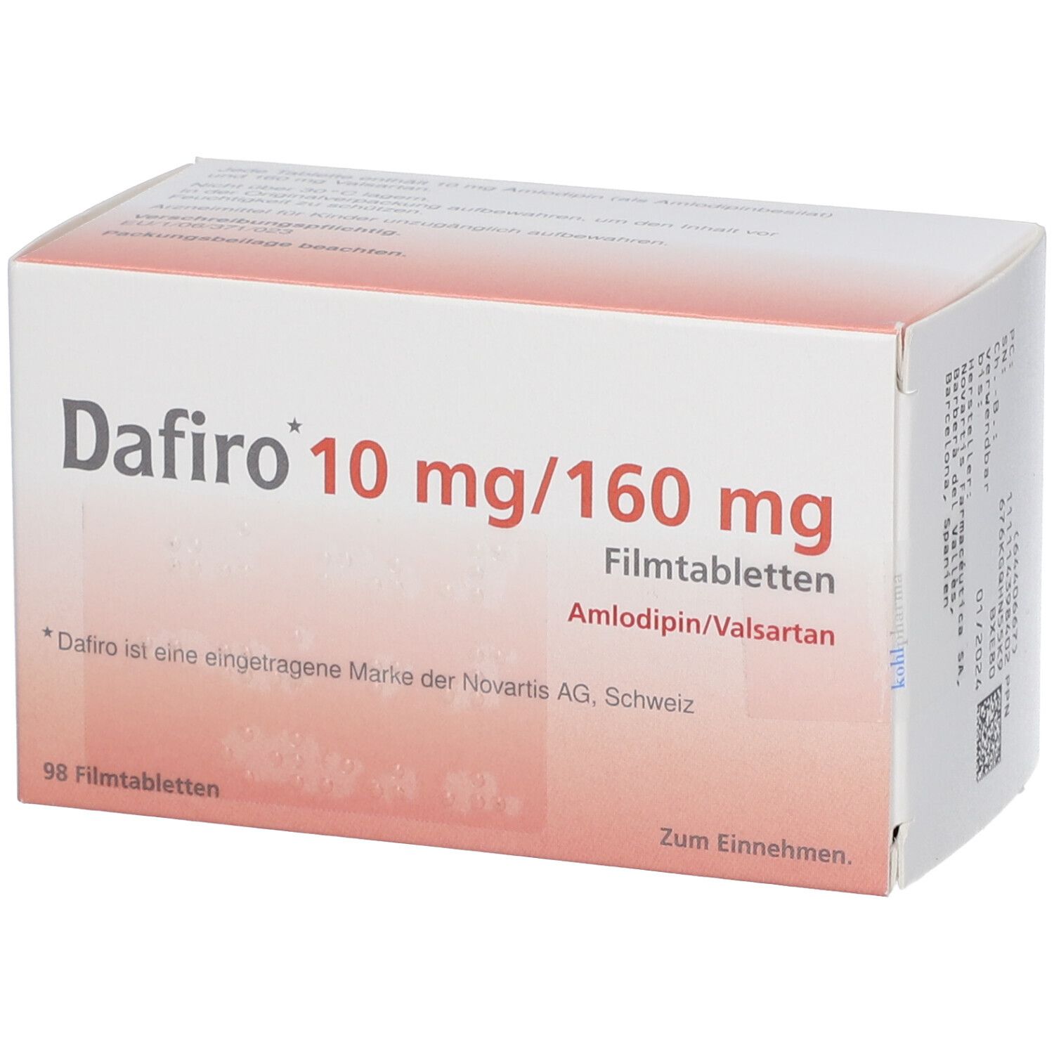 Schachtel mit Dafiro 10 mg/160 mg Filmtabletten. Aufschrift: Amlodipin/Valsartan. 98 Filmtabletten. Zum Einnehmen.