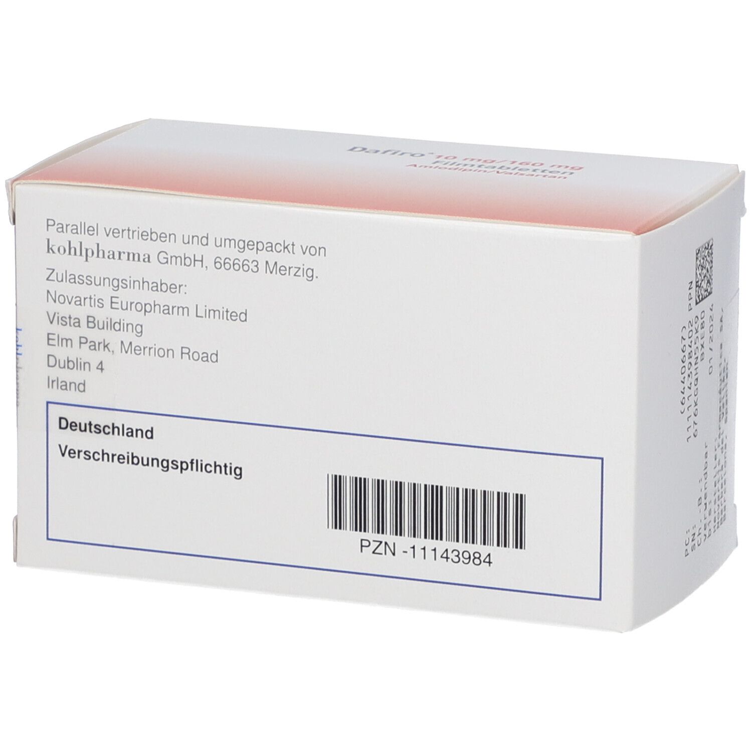 Rückseite der Dafiro 10 mg/160 mg Schachtel. Informationen zu Hersteller und Inhaltsstoffen. Verschreibungspflichtig.