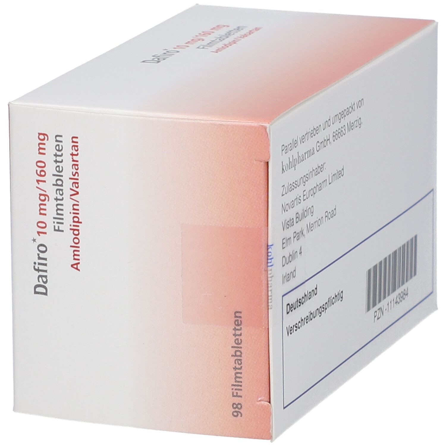 Schachtel mit Dafiro 10 mg/160 mg Filmtabletten. Aufschrift: Amlodipin/Valsartan. 98 Filmtabletten.