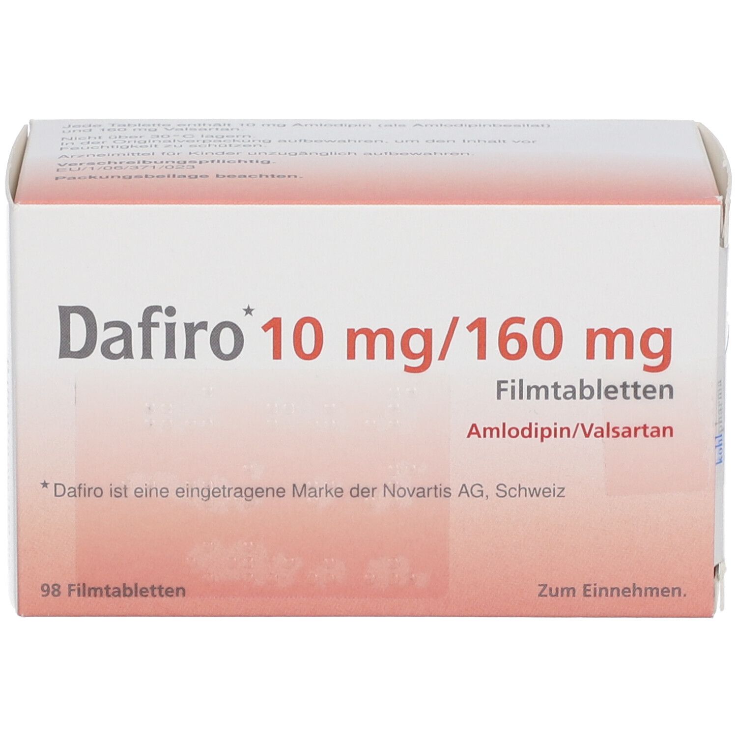 Schachtel mit Dafiro 10 mg/160 mg Filmtabletten. Aufschrift: Amlodipin/Valsartan. 98 Filmtabletten. Zum Einnehmen.