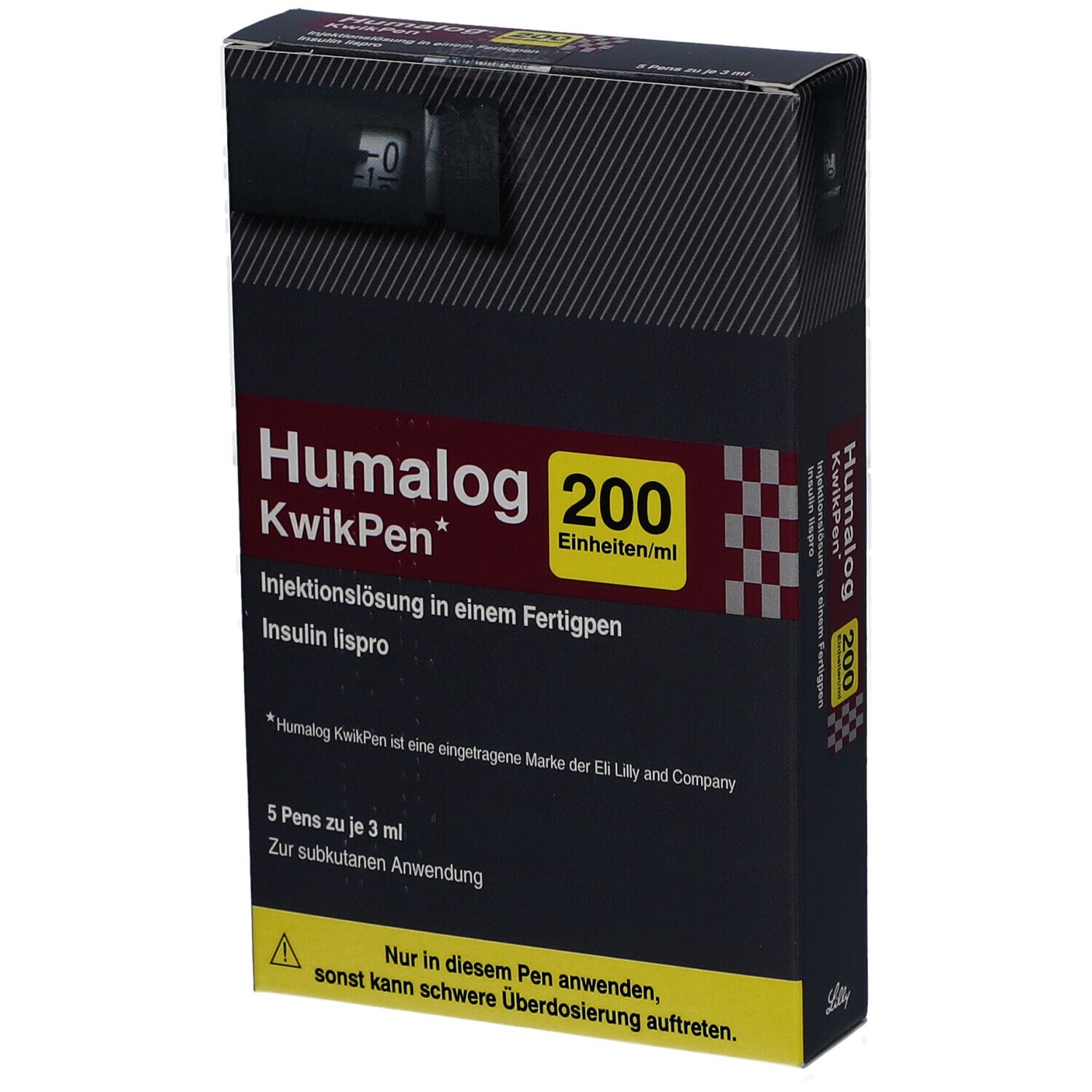 Schachtel Humalog 200 KwikPen. Schwarze Verpackung mit Produktnamen und Dosierung. Enthält 5 Pens.