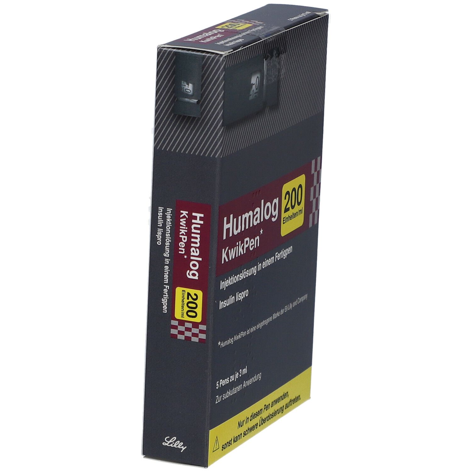 Humalog 200 KwikPen Schachtel. Schwarze Verpackung, Produktname und Dosierung sichtbar. 5 Pens enthalten.