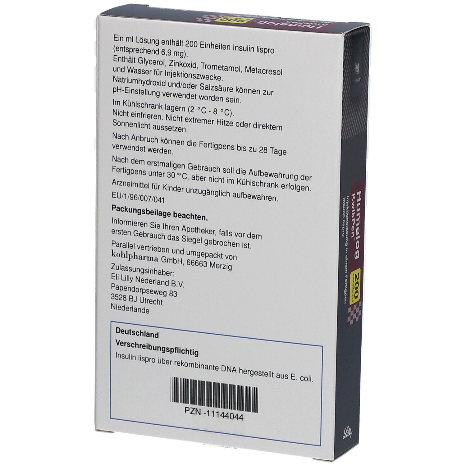 Rückseite der Humalog 200 KwikPen Schachtel. Enthält Informationen zu Inhaltsstoffen und Hersteller.