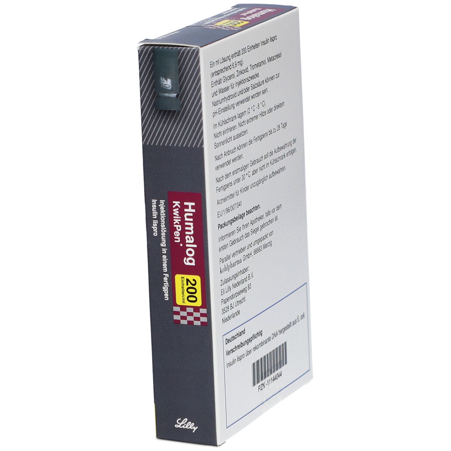 Humalog 200 KwikPen Schachtel. Seitenansicht mit Produktnamen und Dosierung. Herstellerinformationen.