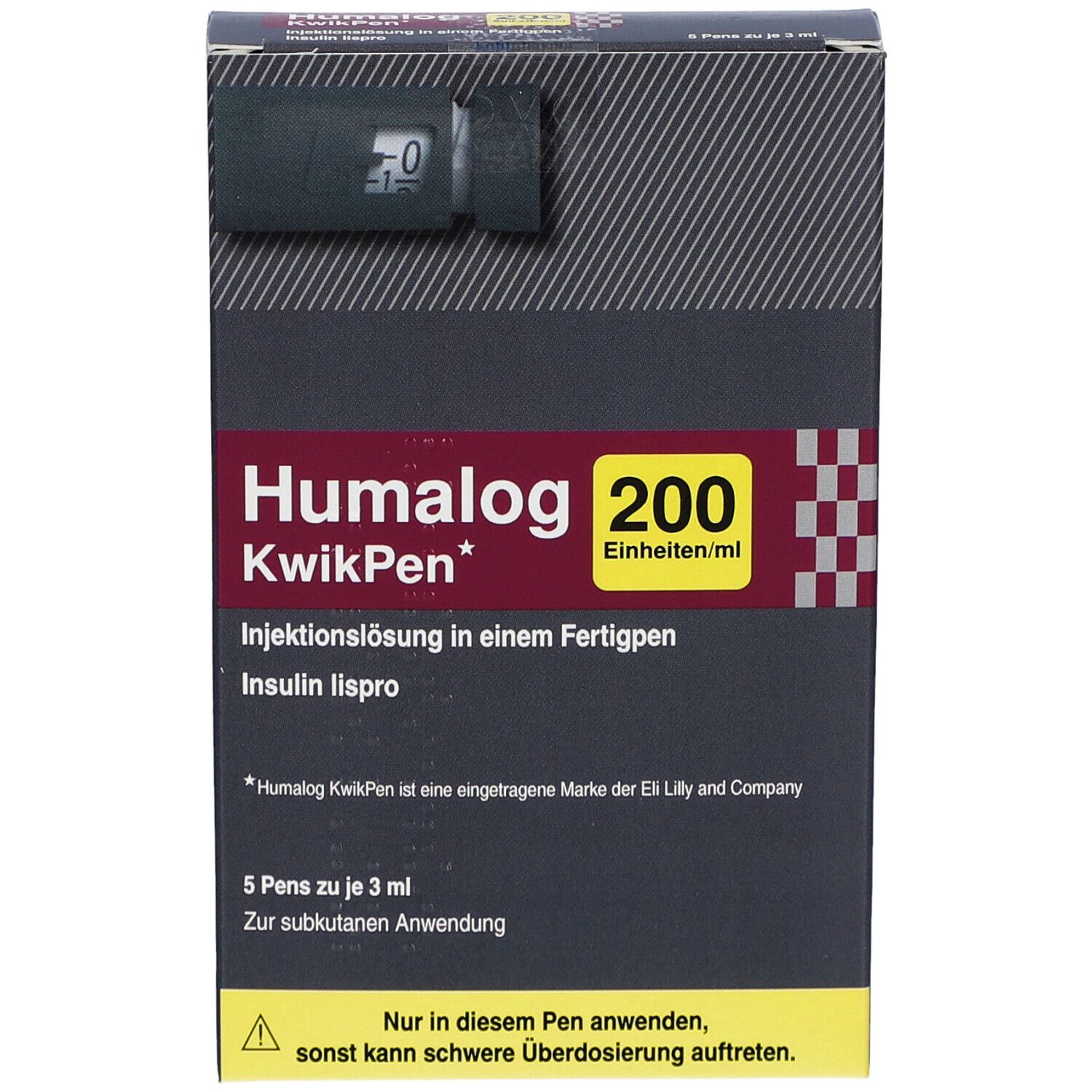 Humalog 200 KwikPen Schachtel. Schwarze Verpackung mit Produktnamen und Dosierung. 5 Pens enthalten.