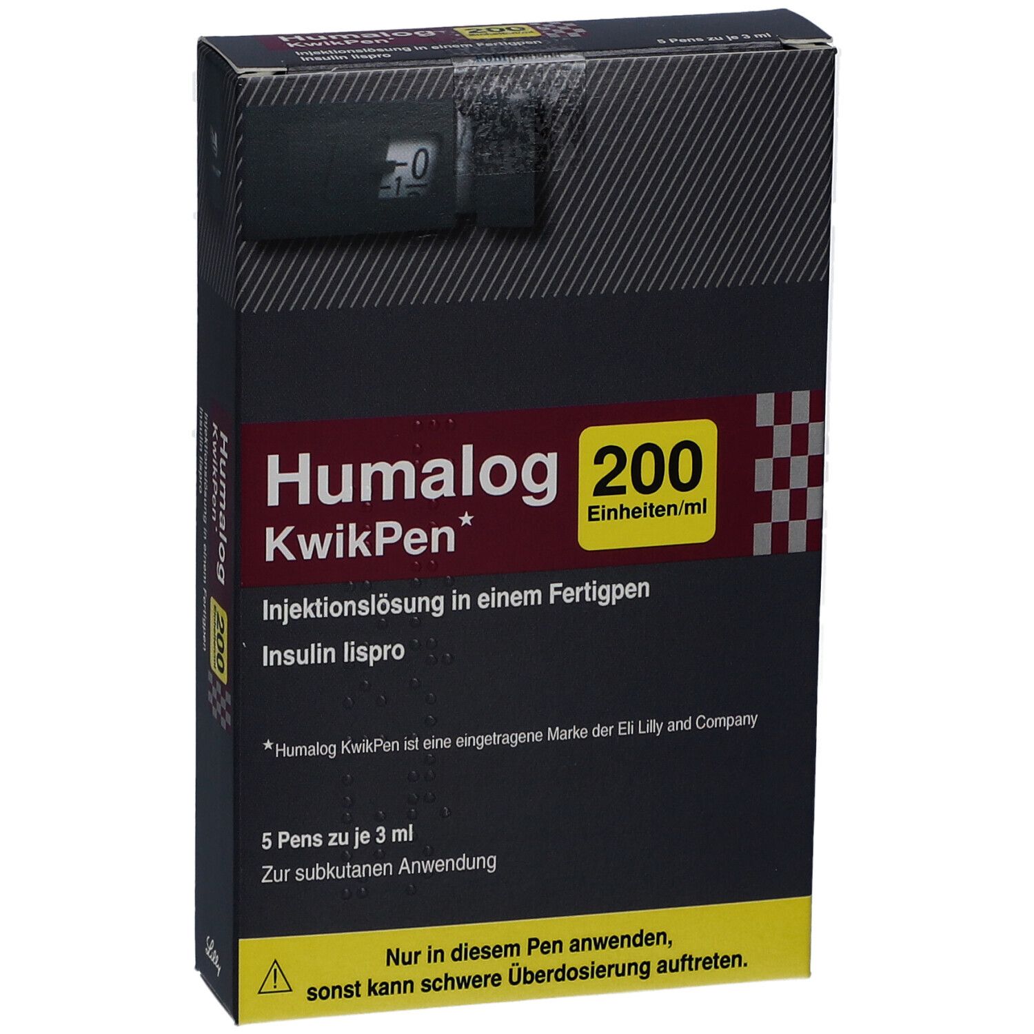 Humalog 200 KwikPen Schachtel. Schwarze Verpackung mit Produktnamen und Dosierung. 5 Pens enthalten.