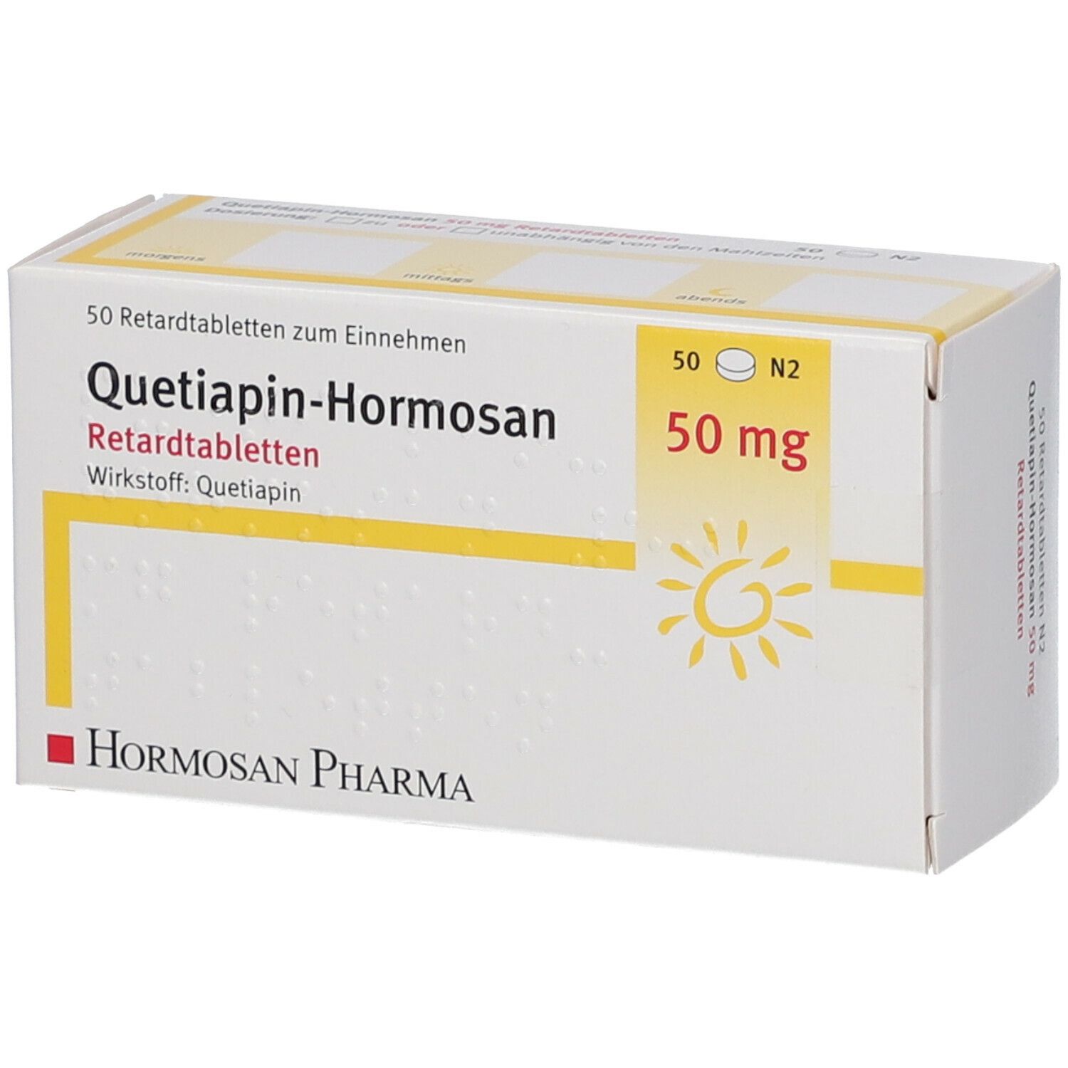 Schachtel mit Medikamenten. Aufschrift: Quetiapin-Hormosan 50 mg. Logo Hormosan Pharma. Gelbe Akzente.