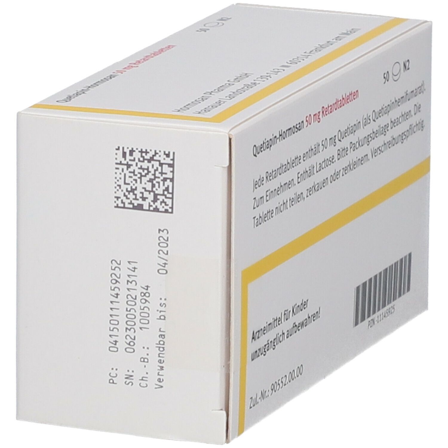 Medikamentenverpackung. Aufschrift: Quetiapin-Hormosan 50 mg Retardtabletten. Barcode und Verfallsdatum 04/2023.