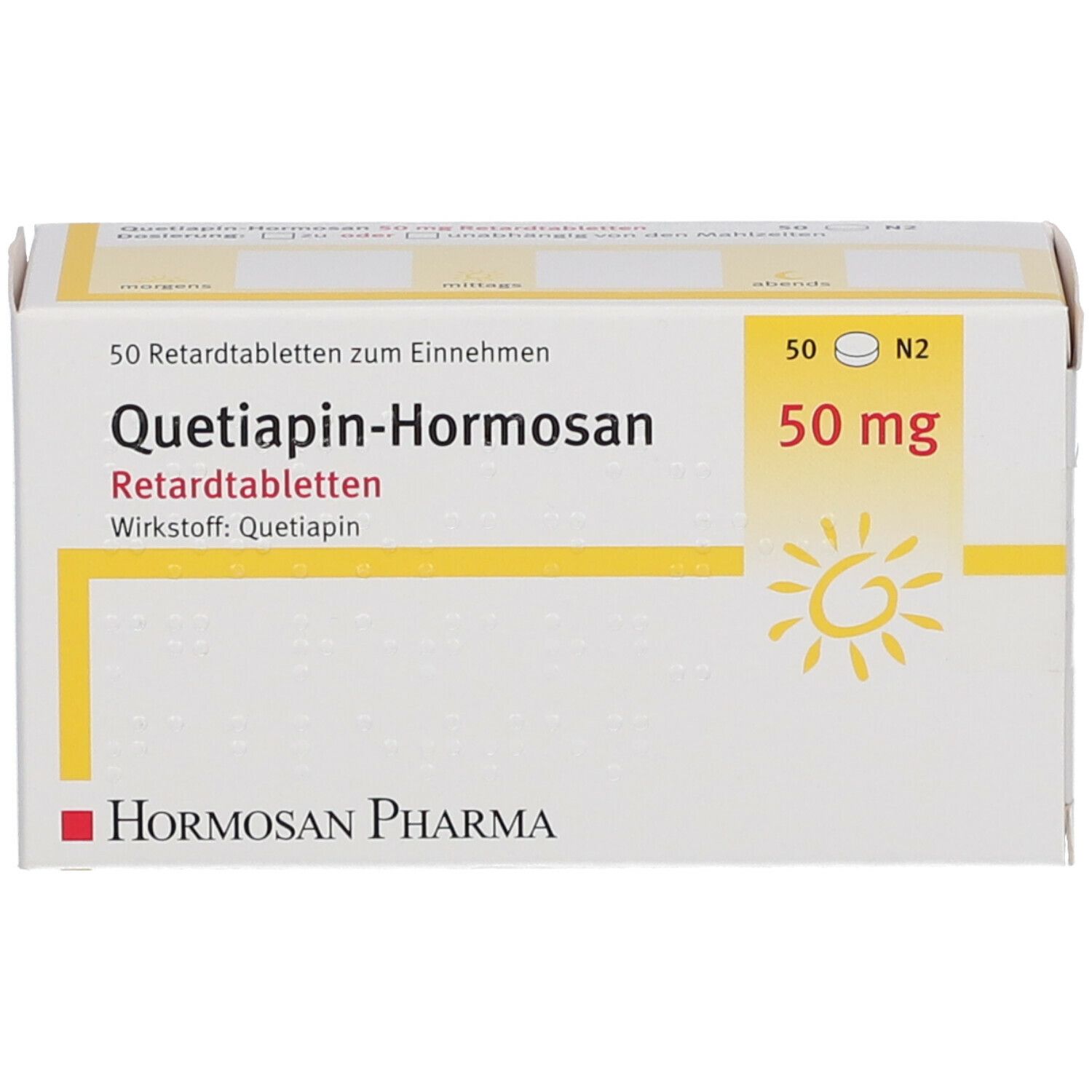 Schachtel mit Medikamenten. Aufschrift: Quetiapin-Hormosan 50 mg. Logo Hormosan Pharma. Gelbe Akzente.