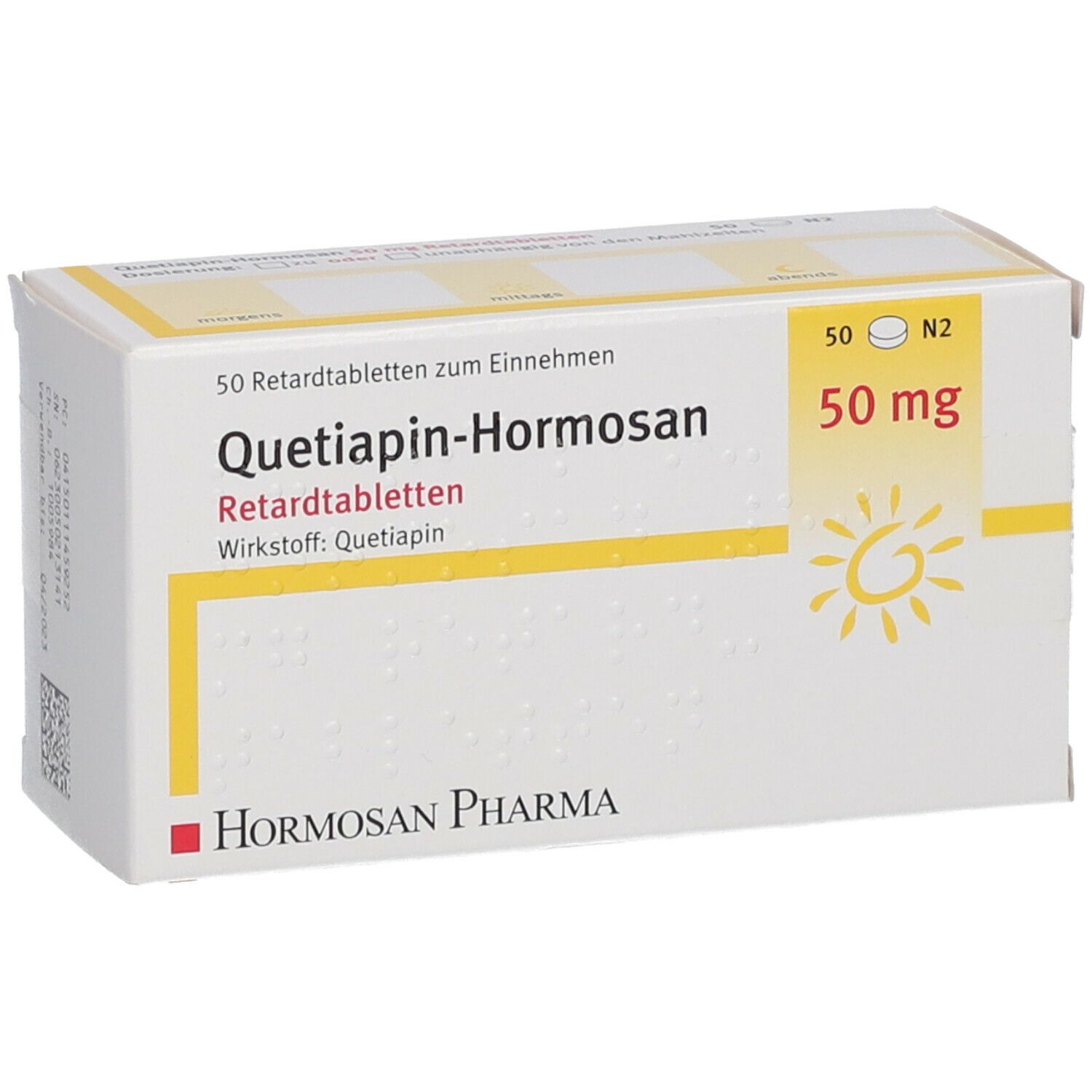 Medikamentenverpackung. Aufschrift: Quetiapin-Hormosan 50 mg. Logo Hormosan Pharma. Gelbe Akzente.