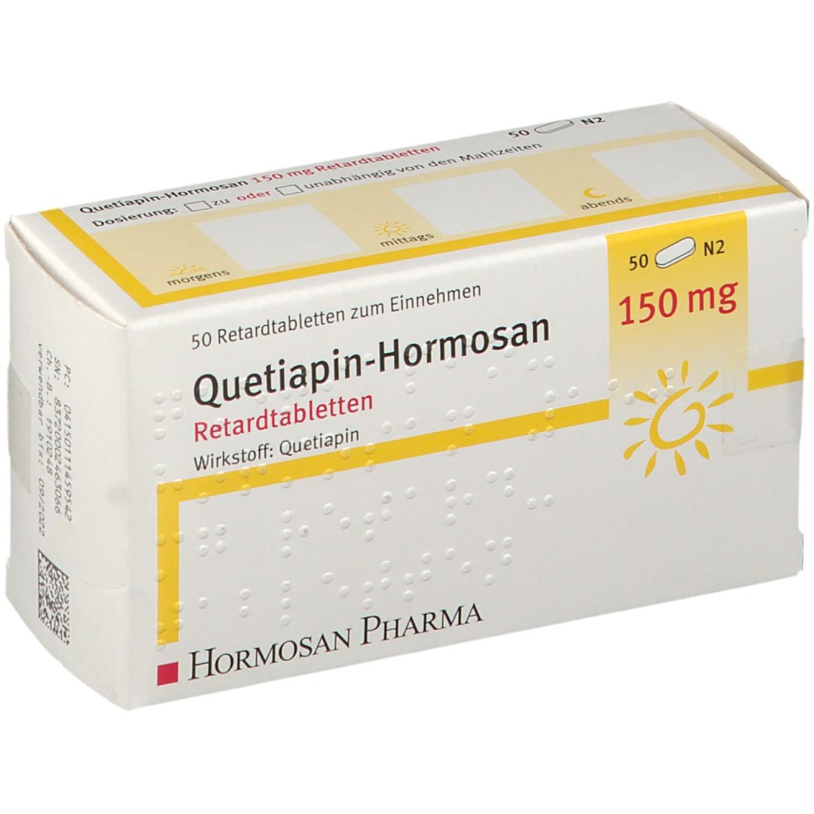 Schachtel mit Tabletten. Aufschrift: Quetiapin-Hormosan 150 mg Retardtabletten. Hormosan Pharma Logo.