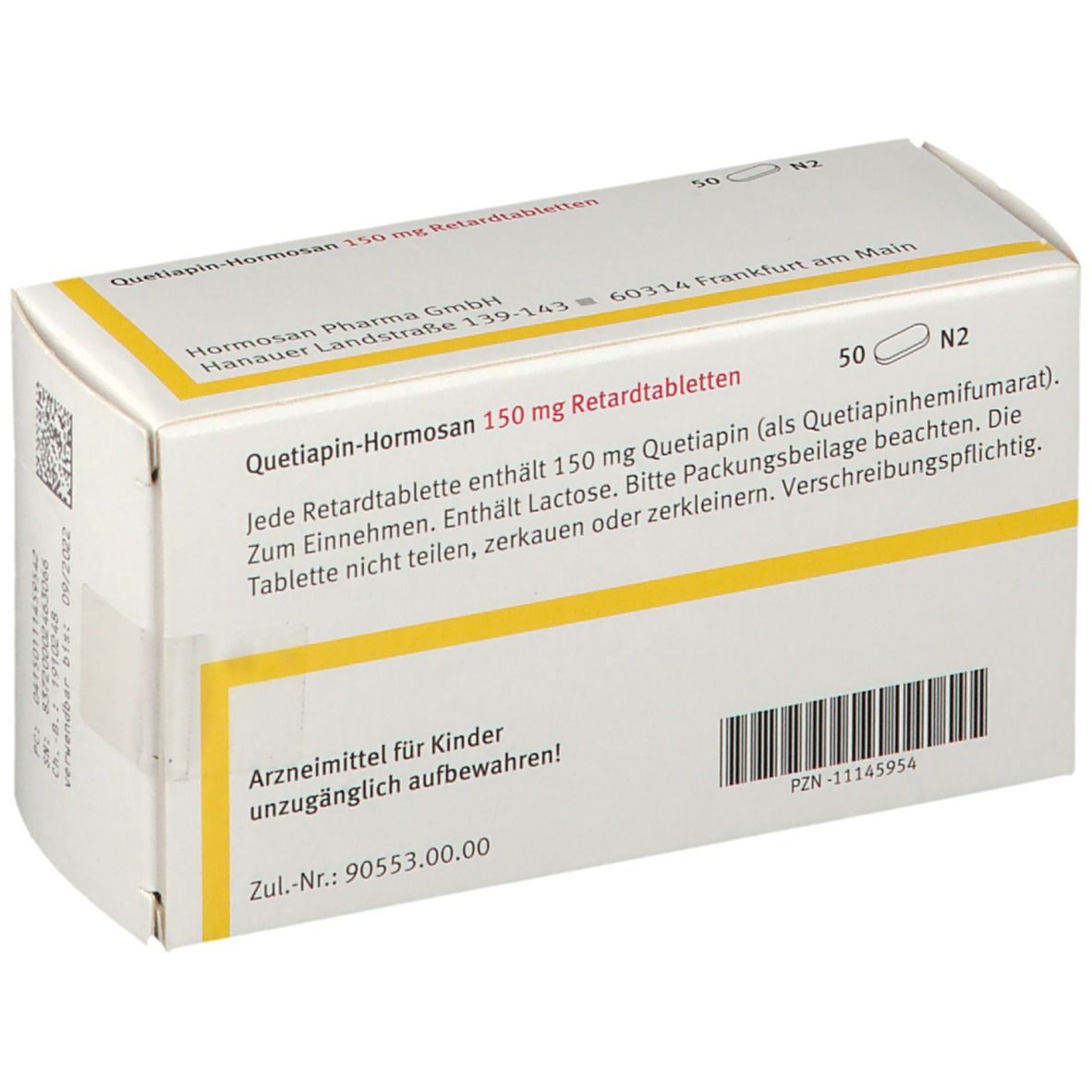 Rückseite der Tablettenschachtel. Aufschrift: Quetiapin-Hormosan 150 mg Retardtabletten. Text und Barcode.