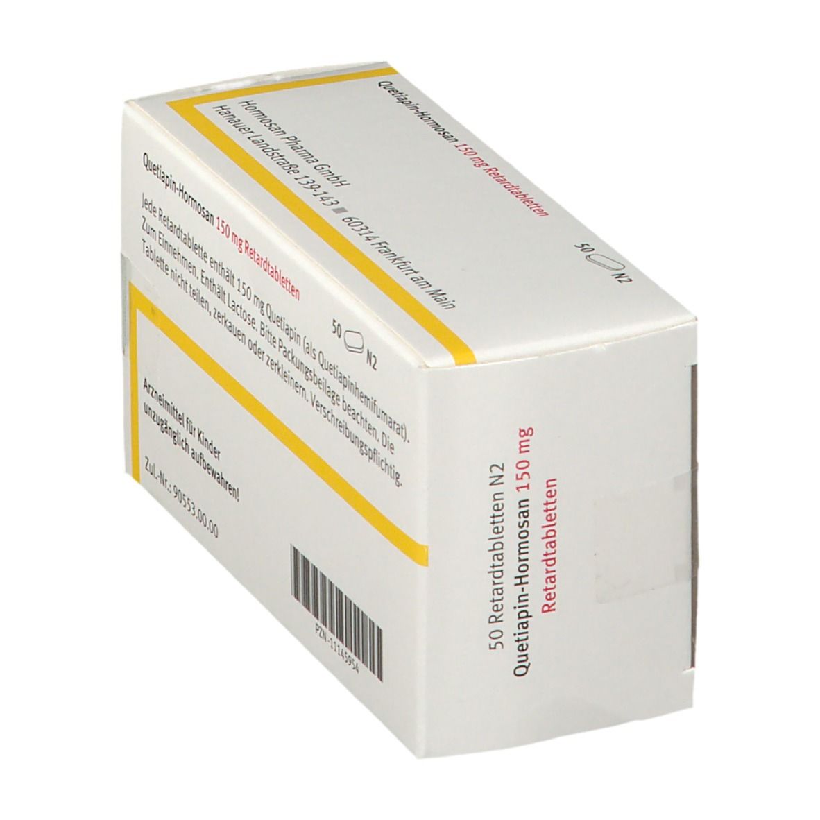 Rückseite der Tablettenschachtel, schräg. Aufschrift: Quetiapin-Hormosan 150 mg Retardtabletten. Text und Barcode.