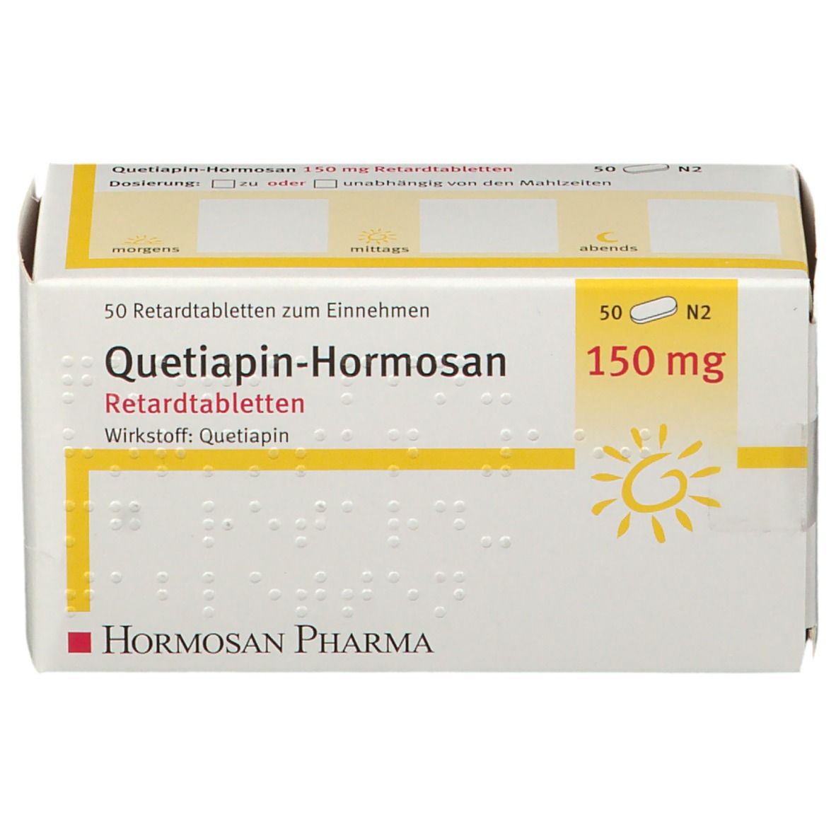 Tablettenschachtel. Aufschrift: Quetiapin-Hormosan 150 mg Retardtabletten. Hormosan Pharma Logo.