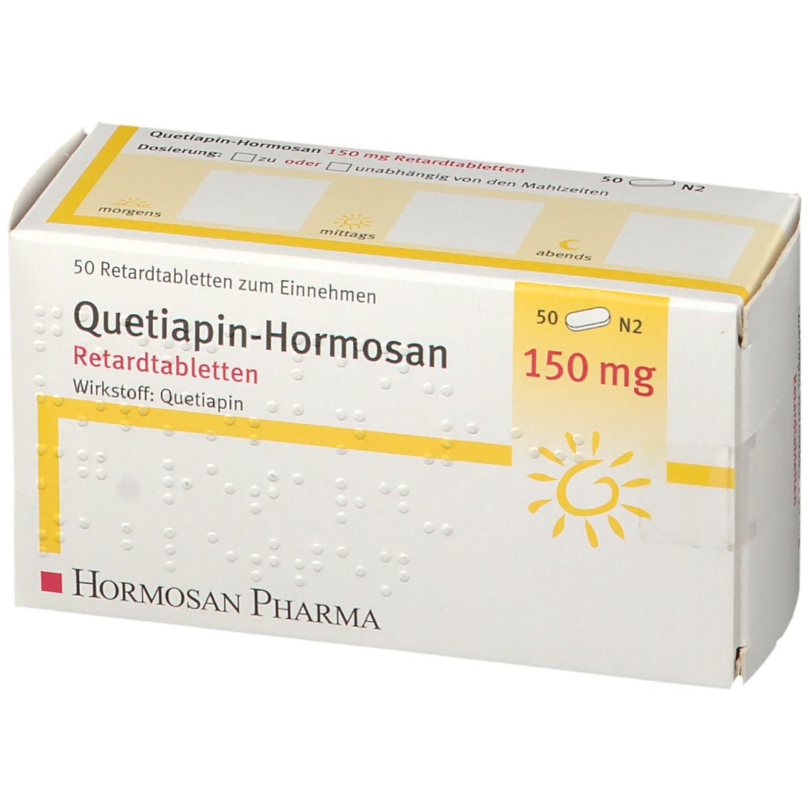 Tablettenschachtel. Aufschrift: Quetiapin-Hormosan 150 mg Retardtabletten. Hormosan Pharma Logo.