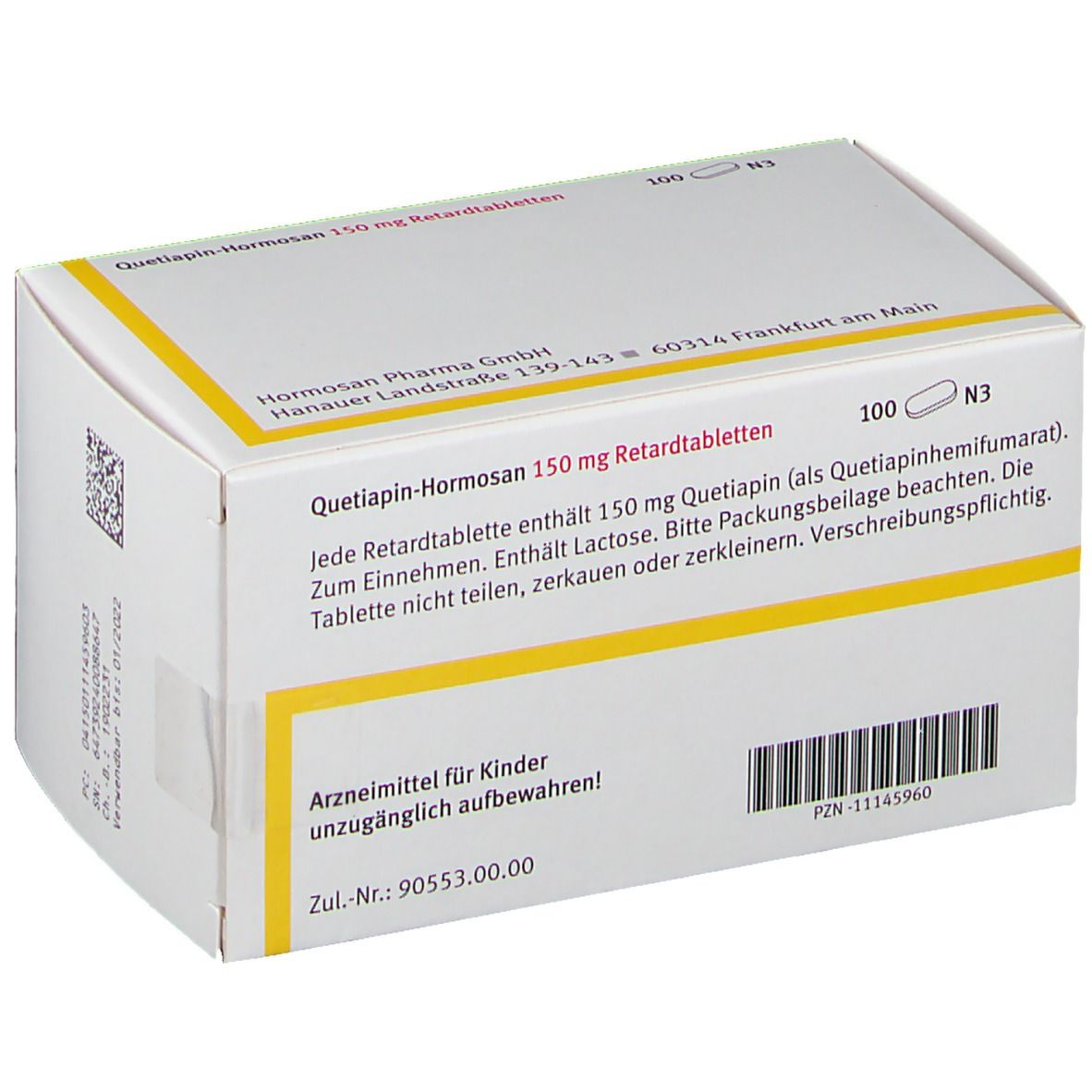 Weiße Schachtel, Rückseite. Aufschrift: Quetiapin-Hormosan 150 mg Retardtabletten. Hormosan Pharma GmbH. Text in Deutsch.