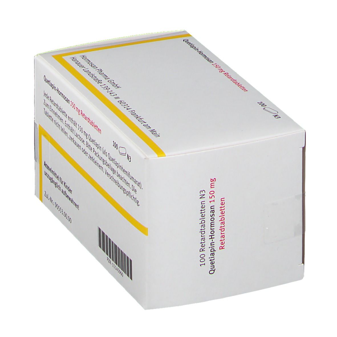 Weiße Schachtel, schräge Ansicht. Aufschrift: Quetiapin-Hormosan 150 mg Retardtabletten. Text in Deutsch.