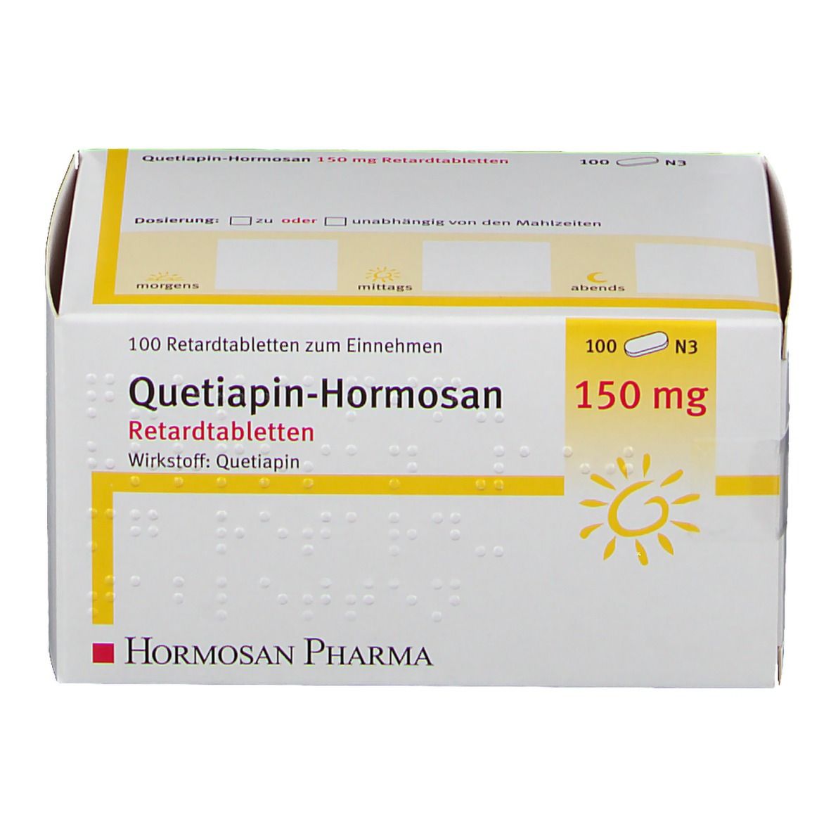 Weiße Schachtel mit gelben Akzenten. Aufschrift: Quetiapin-Hormosan 150 mg Retardtabletten. Hormosan Pharma Logo. Braille-Schrift.