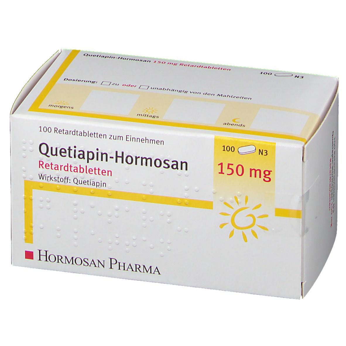 Weiße Schachtel mit gelben Akzenten. Aufschrift: Quetiapin-Hormosan 150 mg Retardtabletten. Hormosan Pharma Logo.