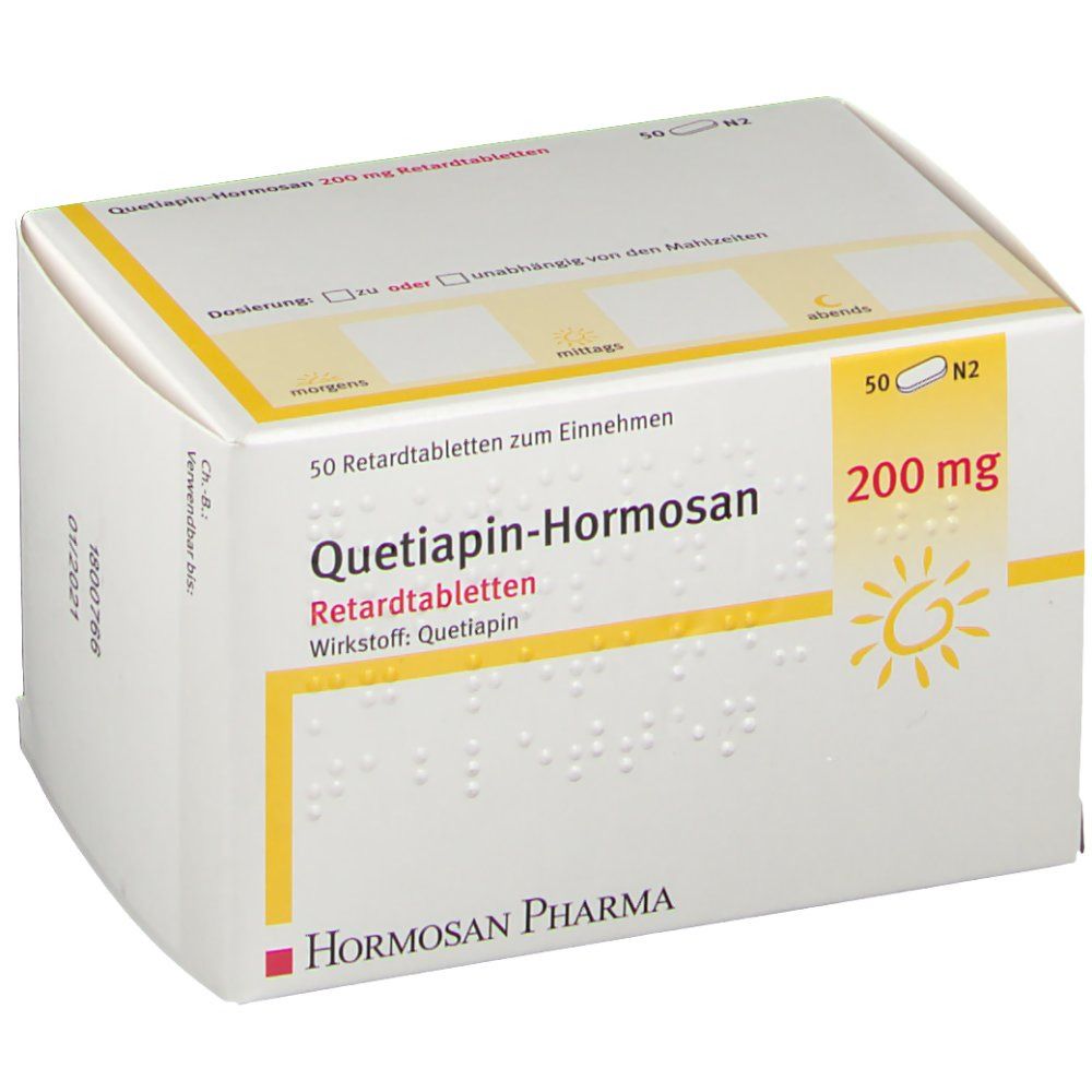 Schachtel mit Tabletten. Aufschrift: Quetiapin-Hormosan 200 mg Retardtabletten. 50 Tabletten. 200 mg. Hormosan Pharma Logo.