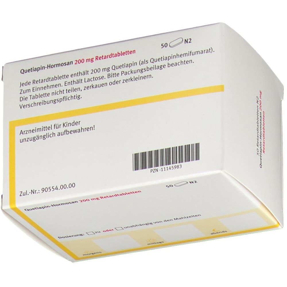 Rückseite der Schachtel. Aufschrift: Quetiapin-Hormosan 200 mg Retardtabletten. 50 Tabletten. Warnhinweise. Barcode.