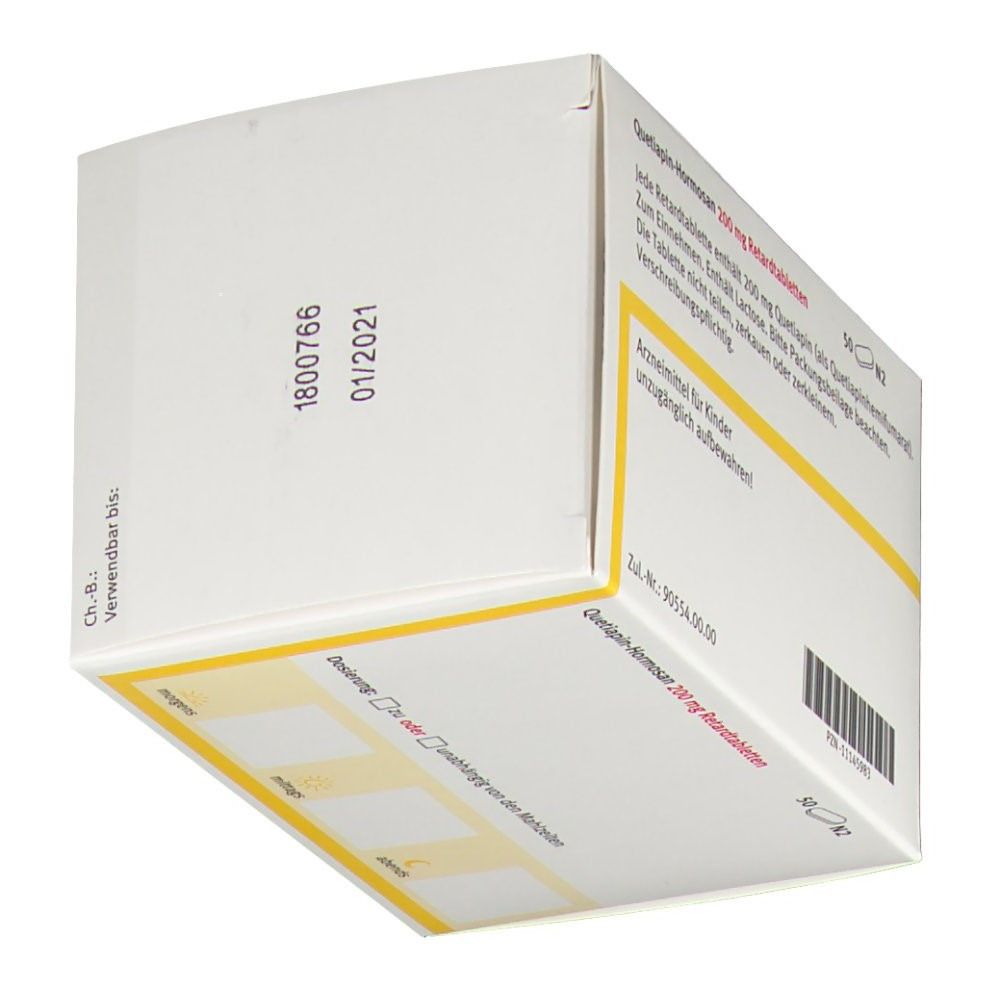 Schachtel von unten gesehen. Aufschrift: Quetiapin-Hormosan 200 mg Retardtabletten. Verfallsdatum.