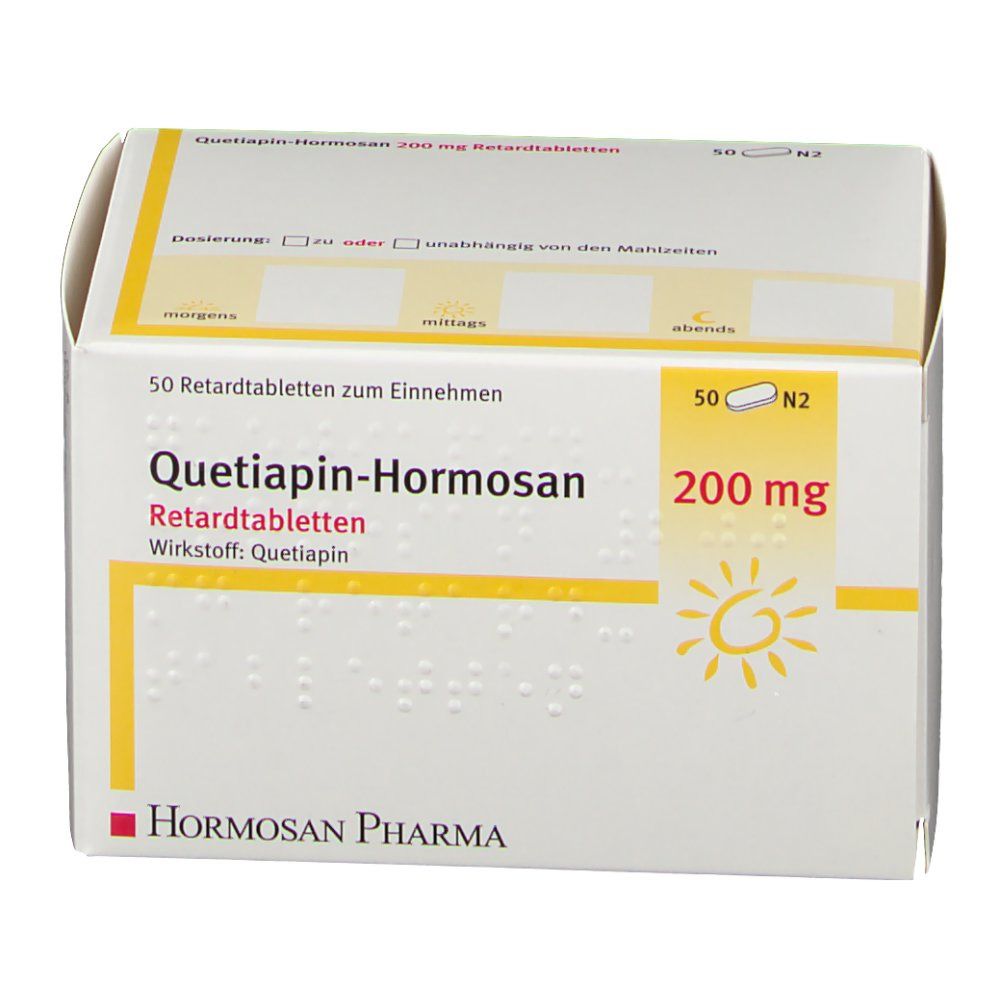 Geöffnete Schachtel mit Tabletten. Aufschrift: Quetiapin-Hormosan 200 mg Retardtabletten. 50 Tabletten. 200 mg. Hormosan Pharma Logo.