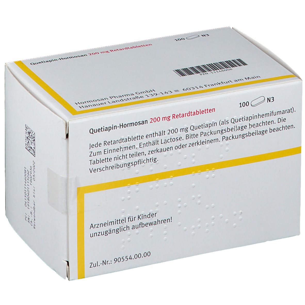 Schachtel mit Tabletten. Aufschrift: Quetiapin-Hormosan 200 mg Retardtabletten. 100 Tabletten. Hormosan Pharma. Text auf der Seite.