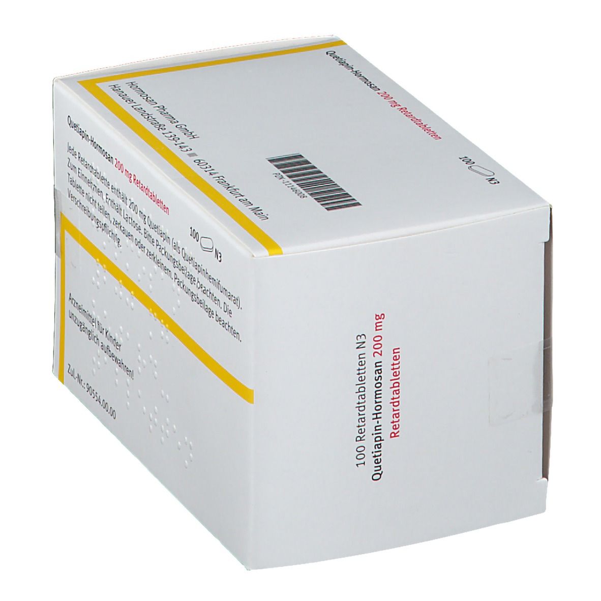 Schachtel mit Tabletten, schräg. Aufschrift: Quetiapin-Hormosan 200 mg Retardtabletten. 100 Tabletten. Text auf der Seite.