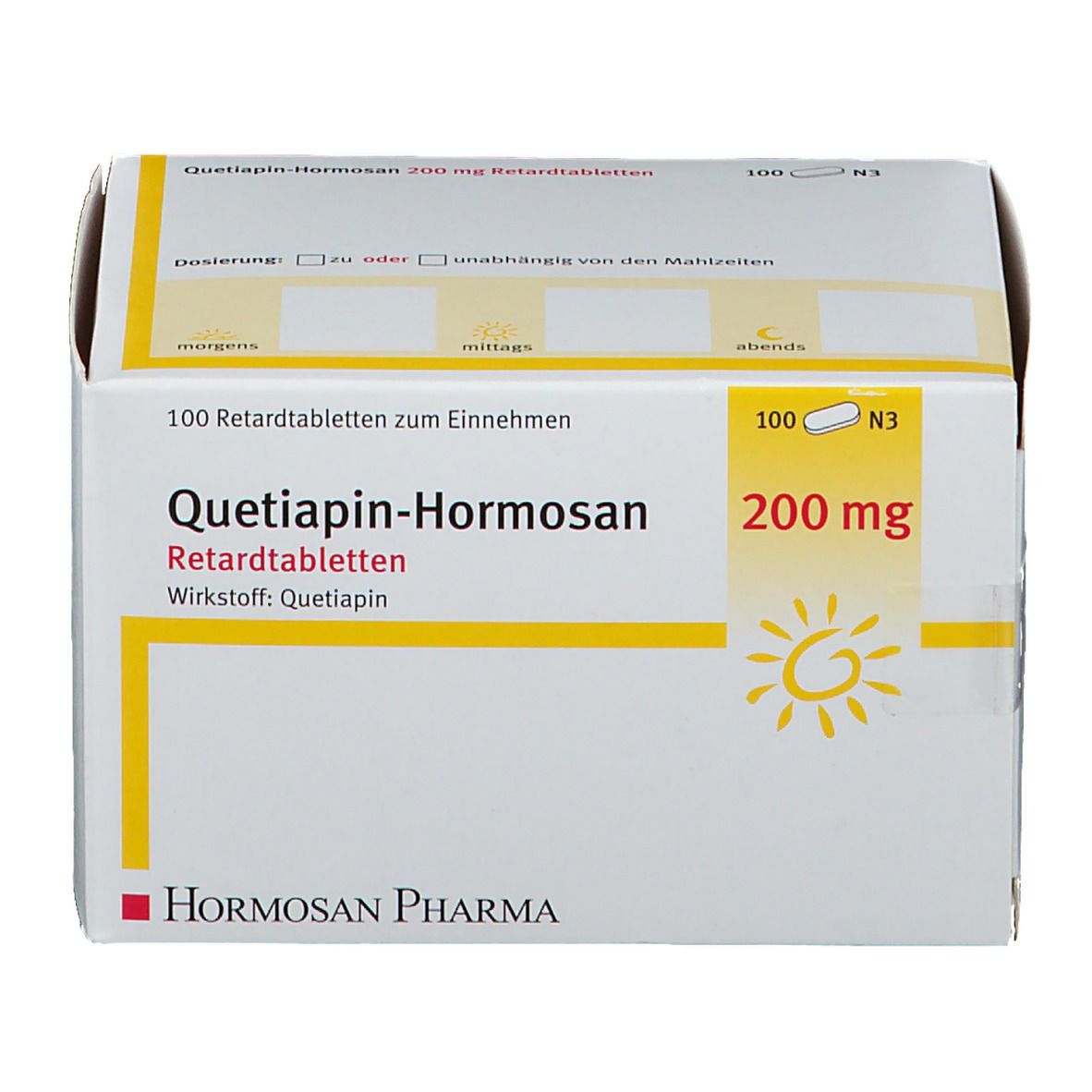 Schachtel mit Tabletten. Aufschrift: Quetiapin-Hormosan 200 mg Retardtabletten. 100 Tabletten. Hormosan Pharma.