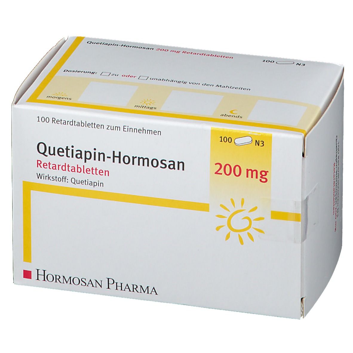 Schachtel mit Tabletten. Aufschrift: Quetiapin-Hormosan 200 mg Retardtabletten. 100 Tabletten. Hormosan Pharma.