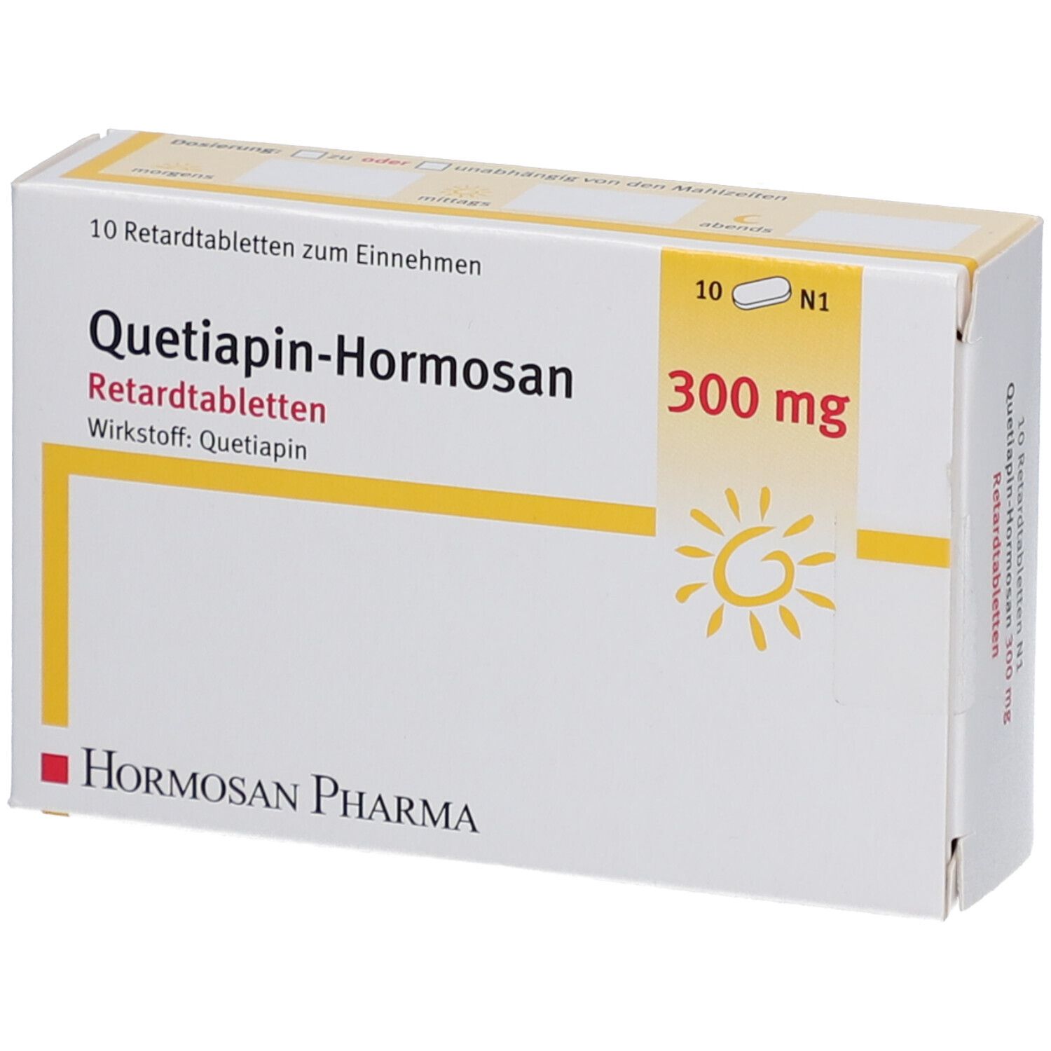Weiße Schachtel mit Aufschrift 'Quetiapin-Hormosan 300 mg'. Enthält 10 Retardtabletten. Hormosan Pharma Logo.