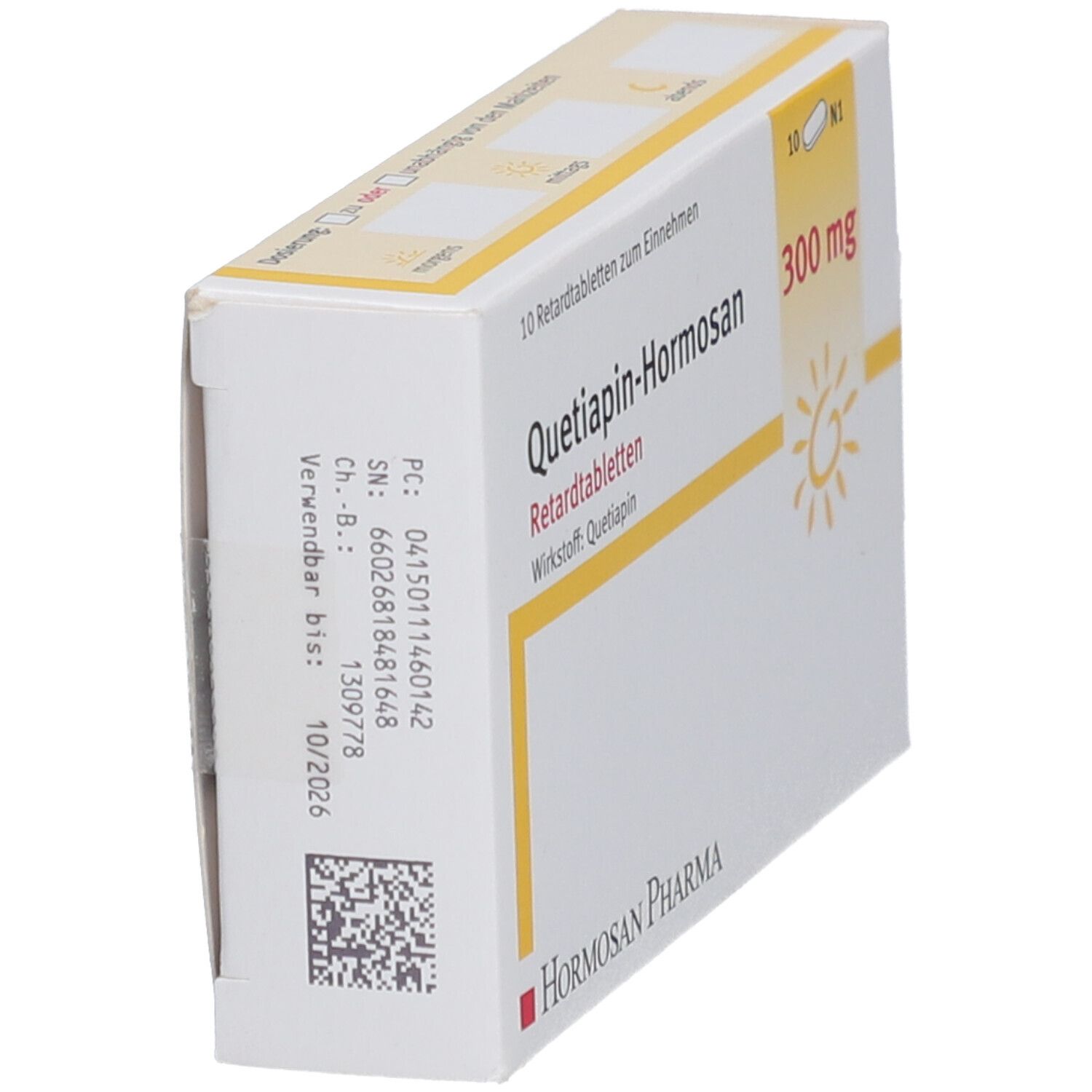 Seitenansicht der weißen Schachtel. 'Quetiapin-Hormosan 300 mg'. Haltbarkeitsdatum 10/2026. QR-Code und Chargennummer.