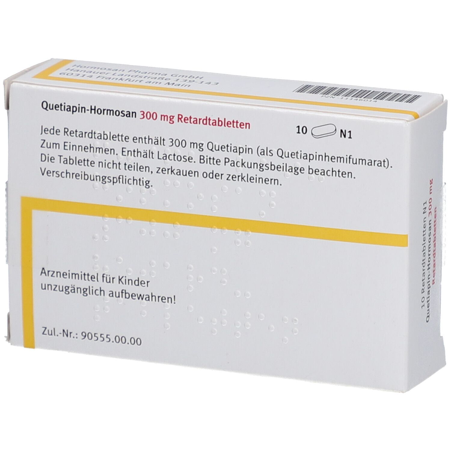Rückseite der weißen Schachtel. Textinformationen zu 'Quetiapin-Hormosan 300 mg'. Warnhinweis: Für Kinder unzugänglich aufbewahren.