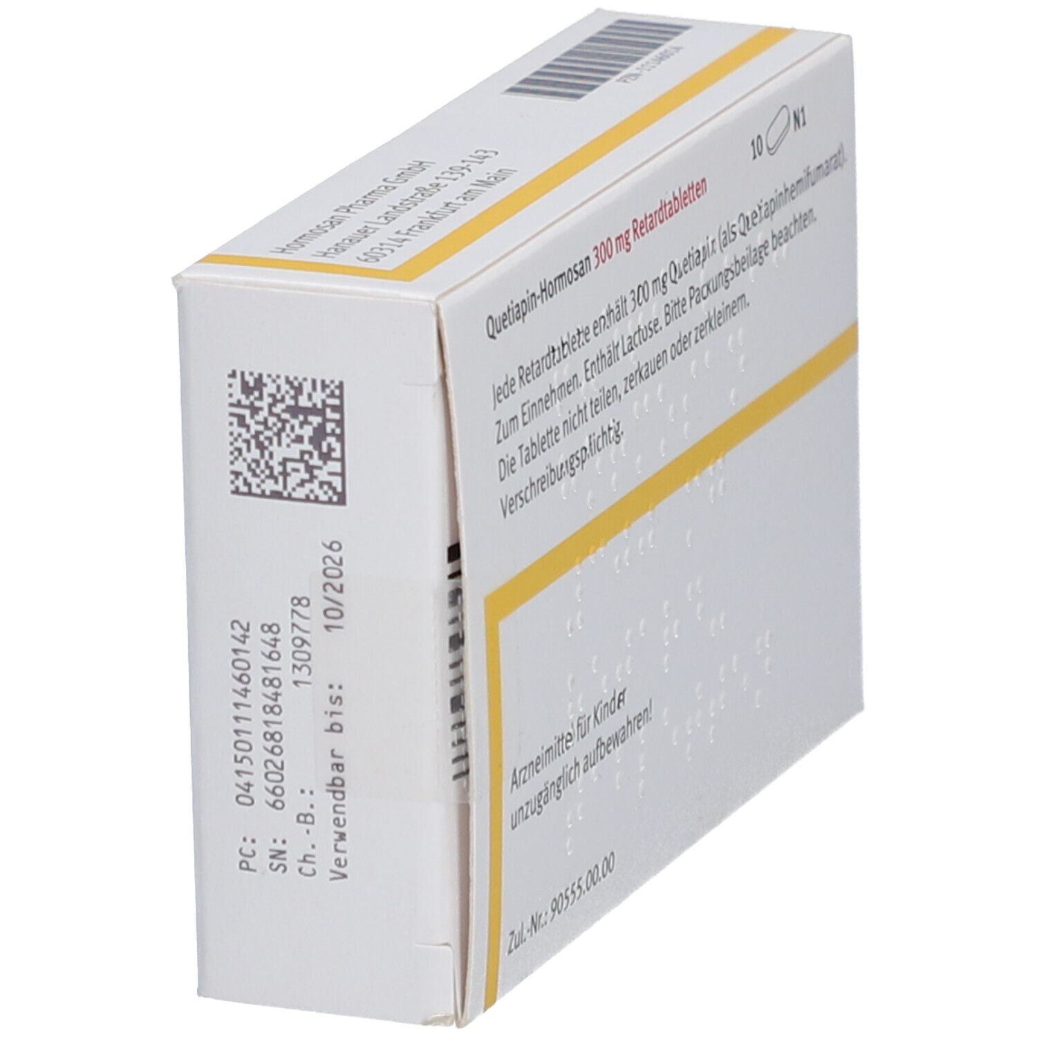Seitenansicht der weißen Schachtel. Textinformationen zu 'Quetiapin-Hormosan 300 mg'. Haltbarkeitsdatum 10/2026.