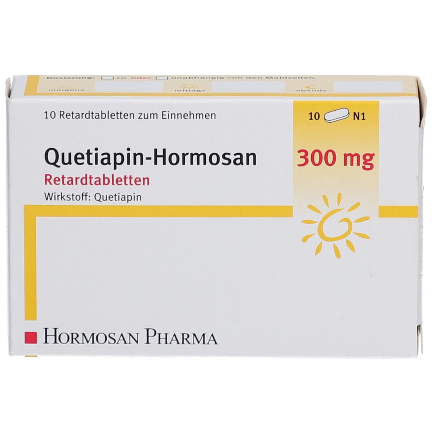 Weiße Schachtel mit 'Quetiapin-Hormosan 300 mg'. 10 Retardtabletten. Sonne-Symbol. Hormosan Pharma Logo.