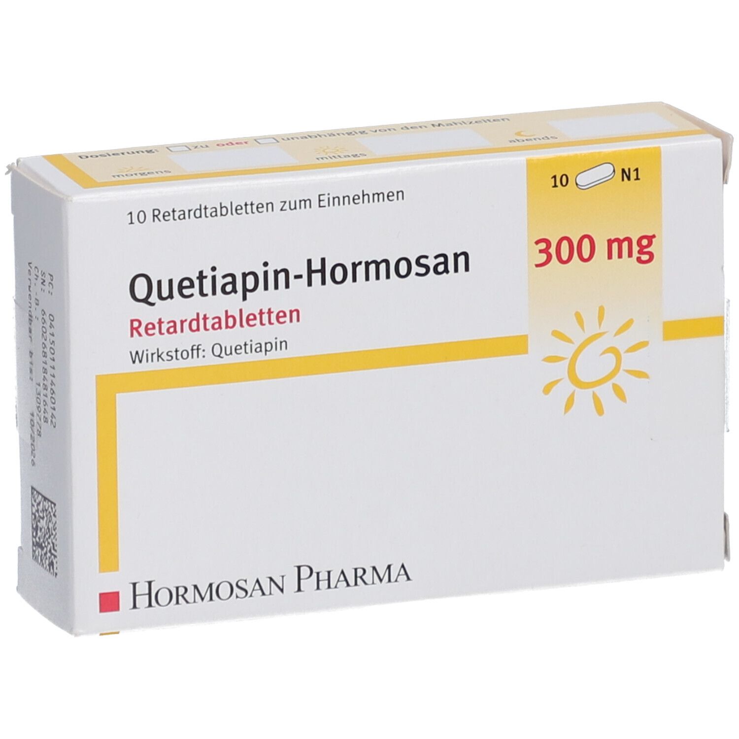 Weiße Schachtel mit 'Quetiapin-Hormosan 300 mg'. 10 Retardtabletten. Sonne-Symbol. Hormosan Pharma Logo.