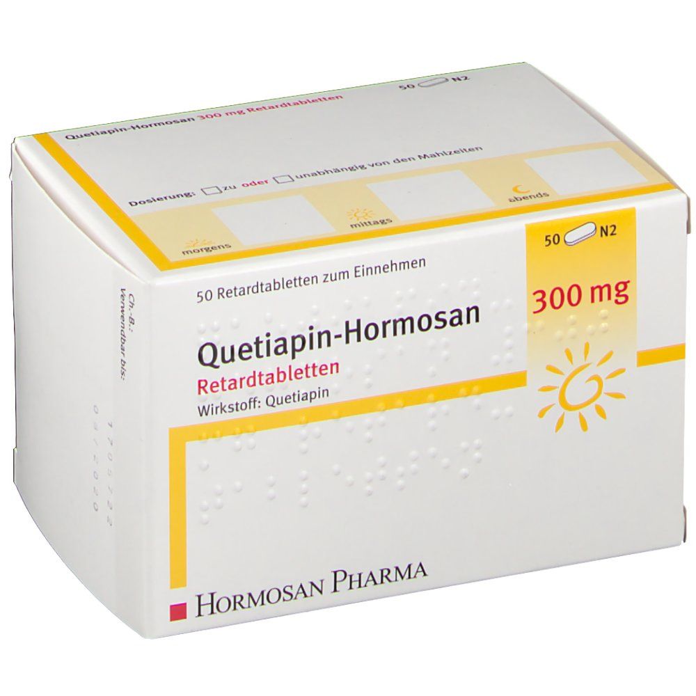 Weiße Arzneimittelverpackung. Aufschrift: Quetiapin-Hormosan 300 mg Retardtabletten. 50 Tabletten. Hormosan Pharma Logo.