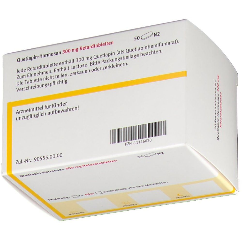 Rückseite der Arzneimittelverpackung. Aufschrift: Quetiapin-Hormosan 300 mg Retardtabletten. Enthält Lactose. PZN-11146020.